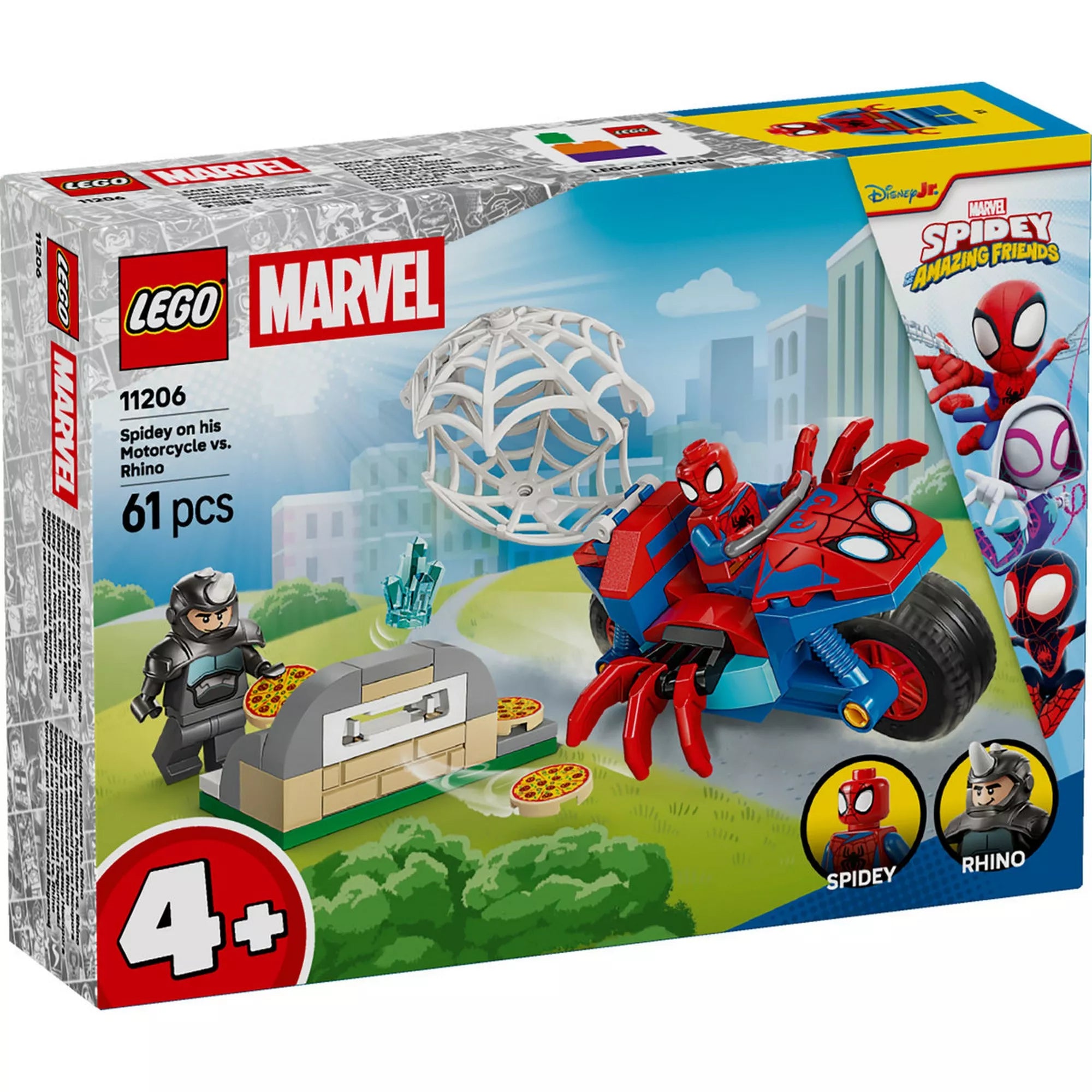 LEGO Marvel Spidey a motorján vs Rhino (11206) készlet dobozának eleje, Spidey motorral, Rhino minifigurával, pókhálós csapdával és pizzakemencével, 4 éves kortól.