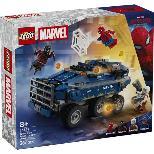 LEGO Marvel Pókember: a rabszállító üldözése 76349 dobozkép, páncélozott rabszállító járművel, Pókemberrel, Tarantulával és Sírkővel akció közben.