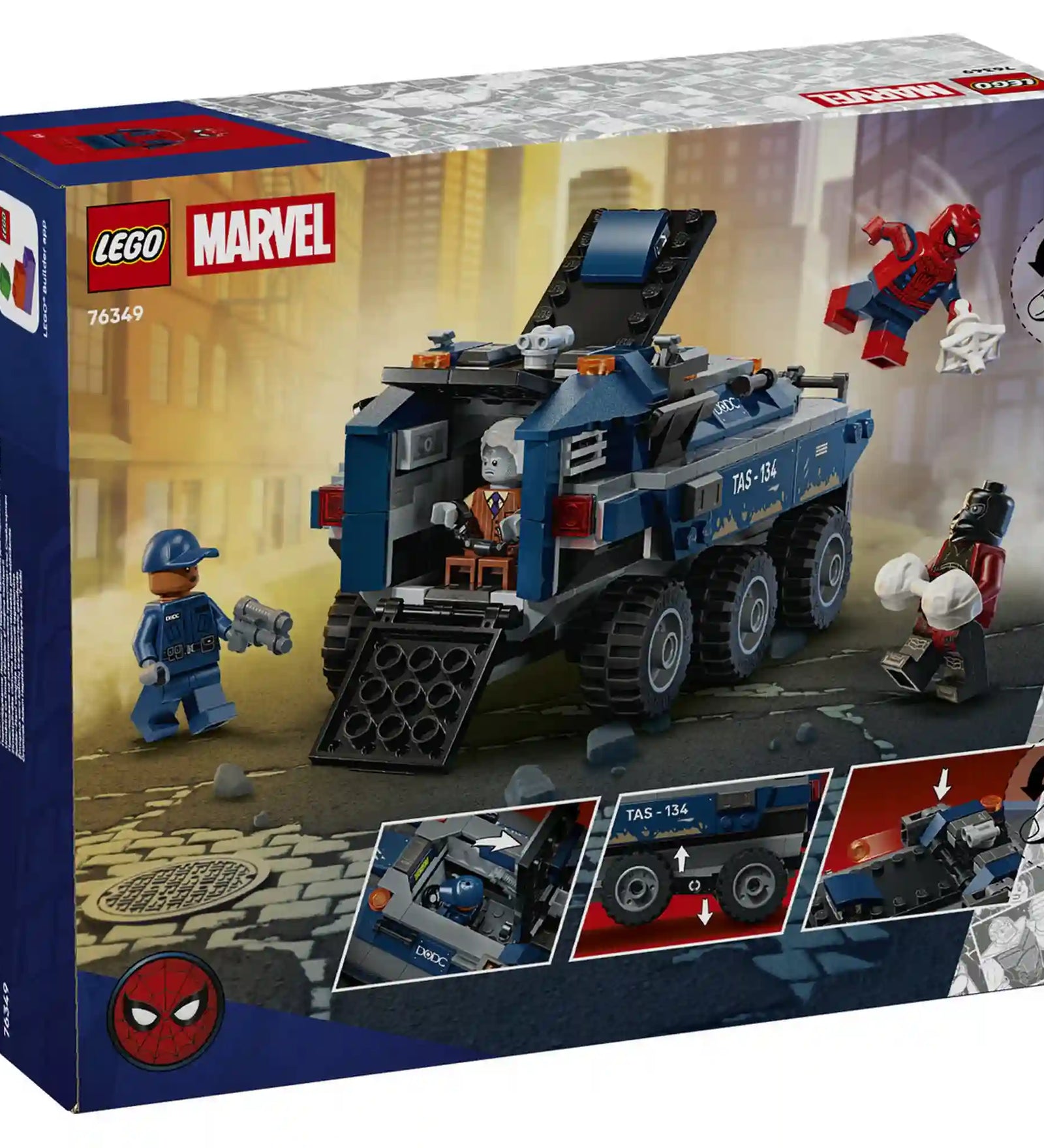 LEGO Marvel 76349 hátoldali dobozkép, amely bemutatja a rabszállító nyitható börtönrészét, a korongvetőket és a játék funkcióit.