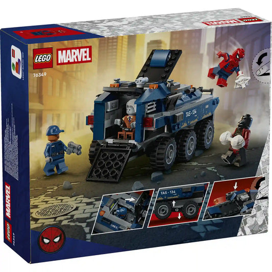 LEGO Marvel 76349 hátoldali dobozkép, amely bemutatja a rabszállító nyitható börtönrészét, a korongvetőket és a játék funkcióit.