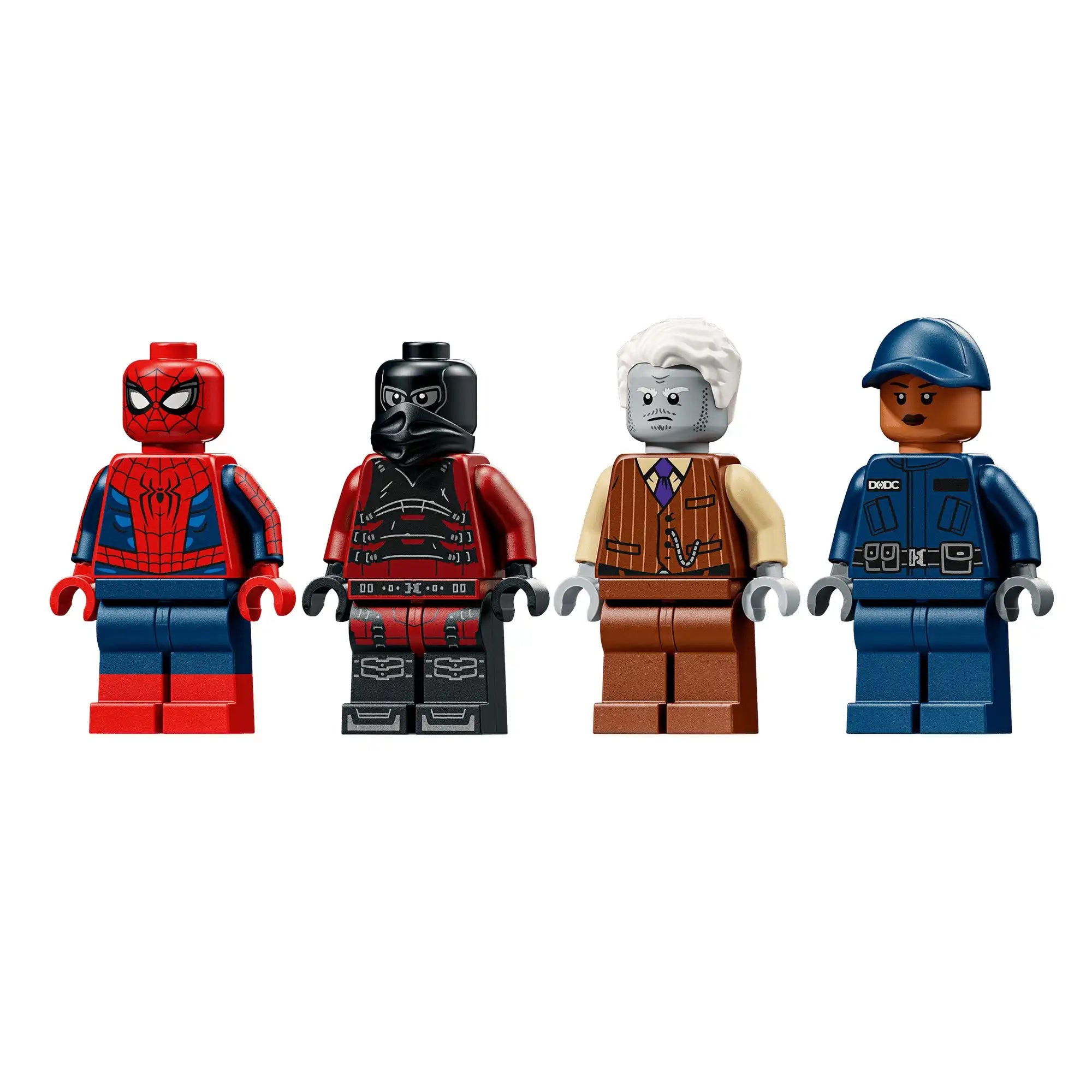 LEGO Marvel 76349 szereplői: Pókember, Tarantula, Sírkő és a kárelhárítási osztály őre részletes minifigura kivitelben.