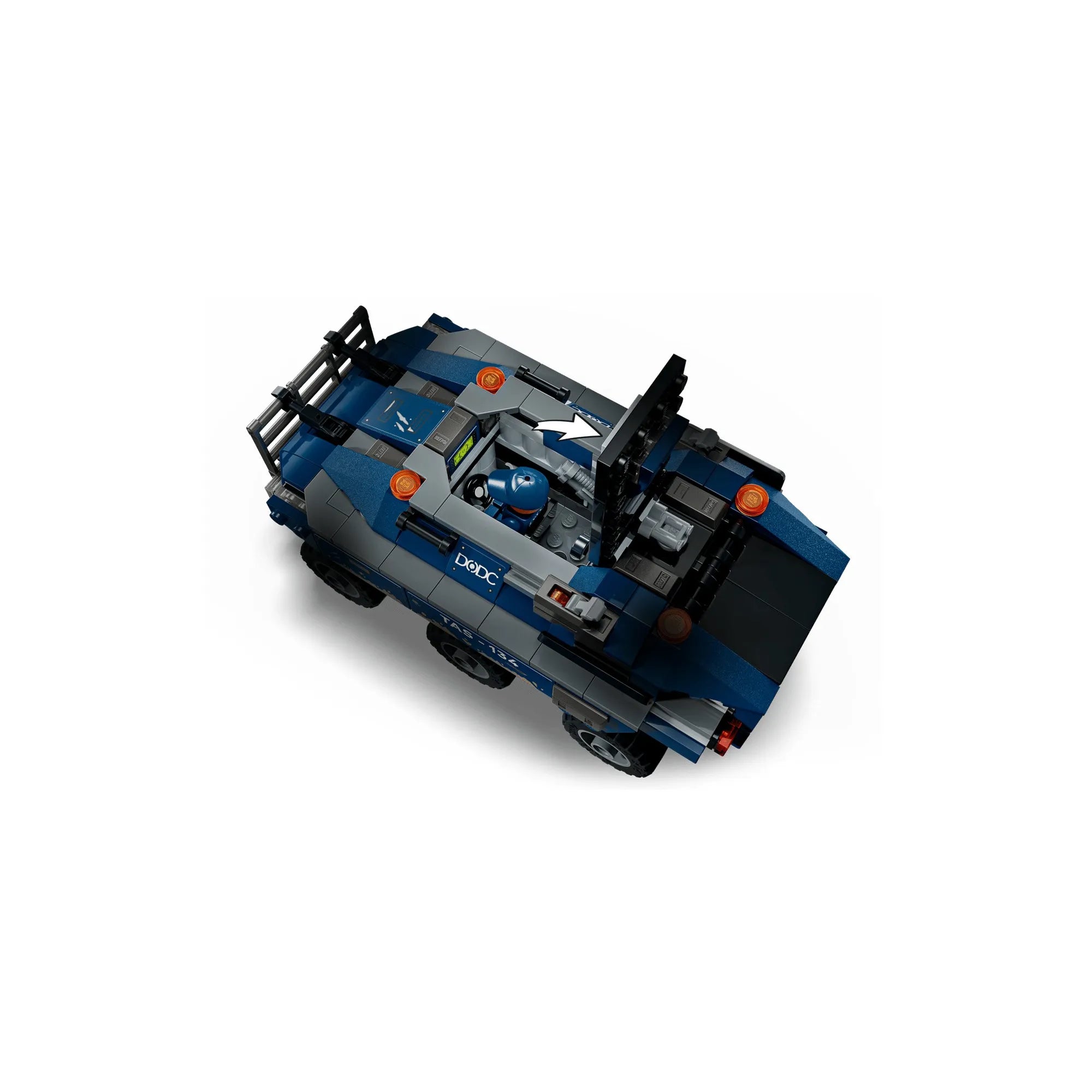 LEGO Marvel rabszállító jármű felülnézetből, nyitható tetővel és részletes pilótafülkével.