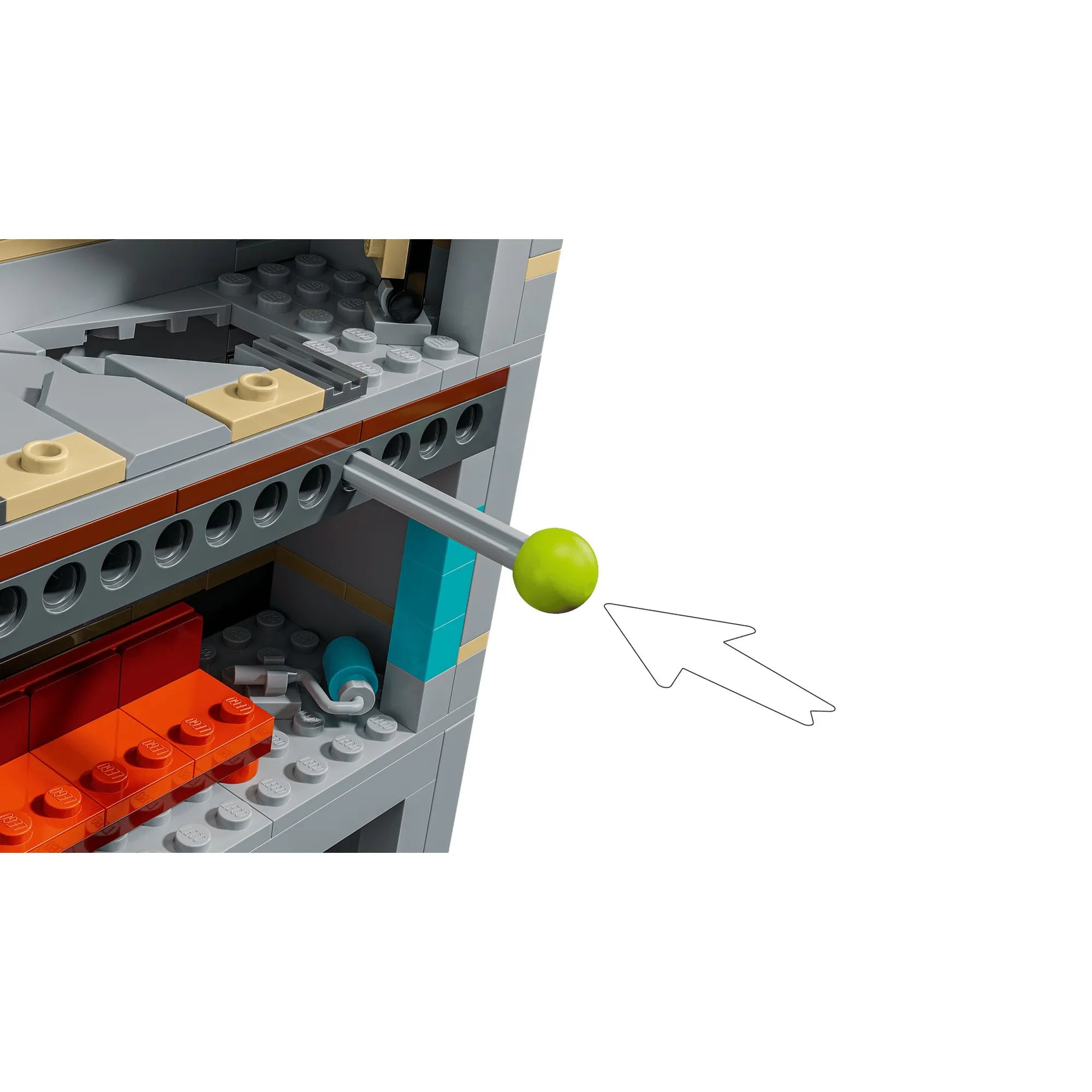LEGO Marvel 76350 készlet részlete, a gombnyomásra aktiválható rombolási funkció mechanikája az épület belsejében.