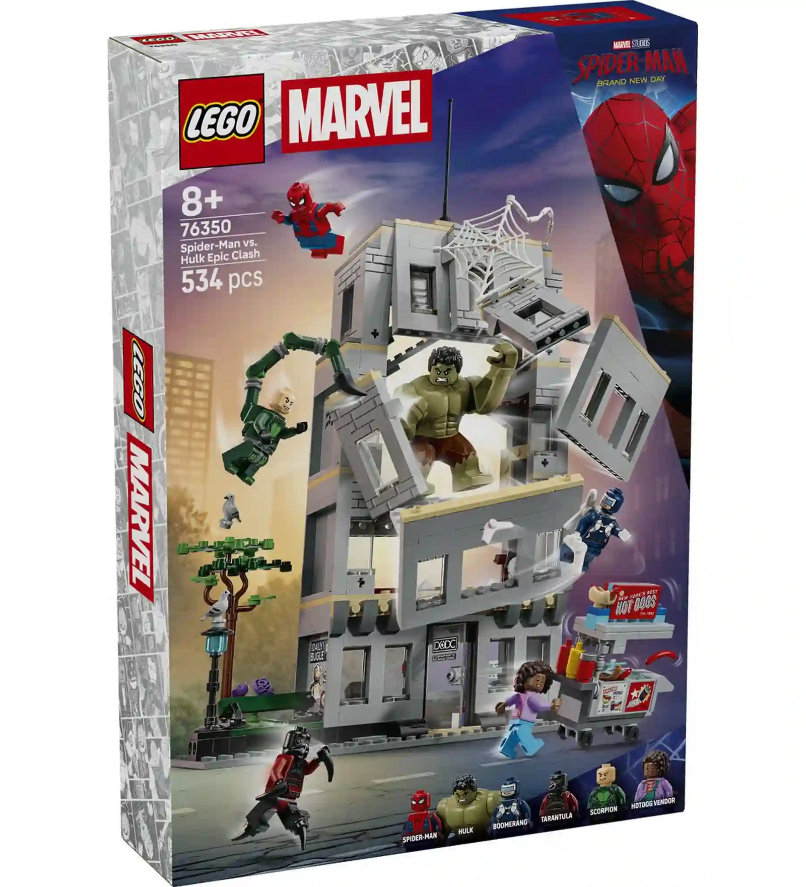 LEGO Marvel Pókember és Hulk csatája 76350 dobozkép, az épület, Hulk és Pókember akciójelenetével az előlapon.