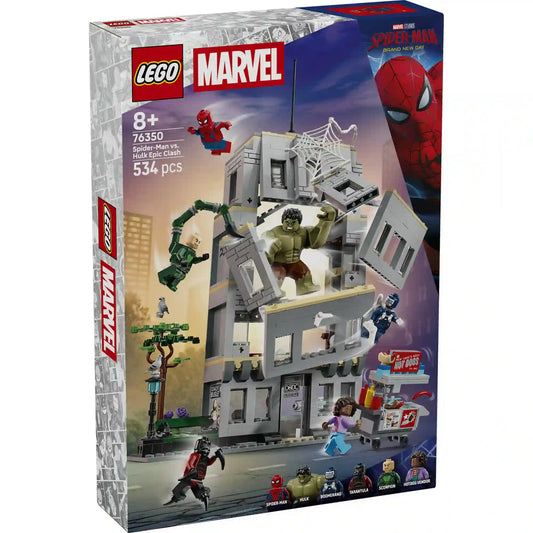 LEGO Marvel Pókember és Hulk csatája 76350 dobozkép, az épület, Hulk és Pókember akciójelenetével az előlapon.