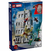 LEGO Marvel 76350 hátoldali dobozkép, amely bemutatja a rombolható épületet, az interaktív funkciókat és a készlet szereplőit.