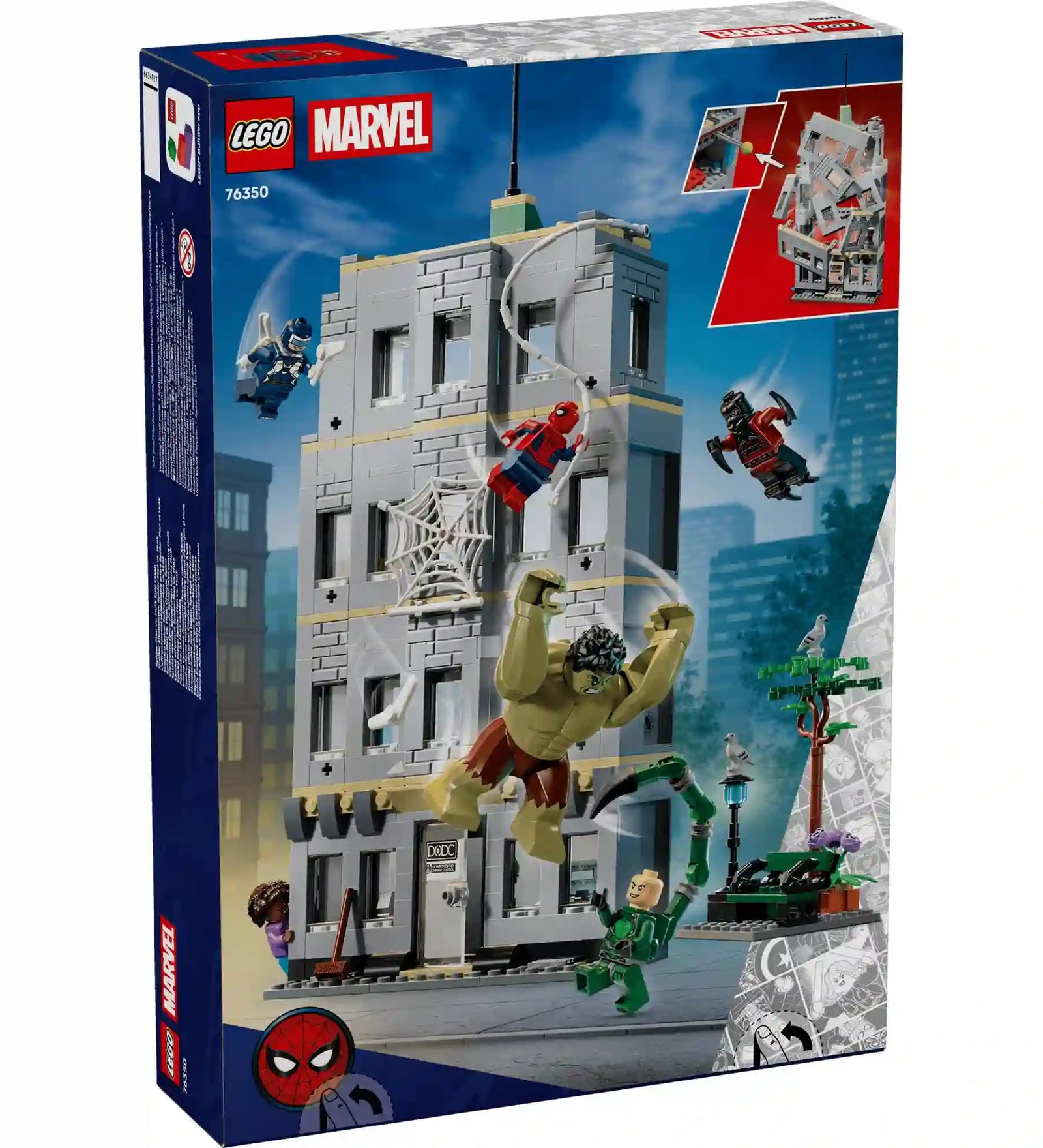LEGO Marvel 76350 hátoldali dobozkép, amely bemutatja a rombolható épületet, az interaktív funkciókat és a készlet szereplőit.