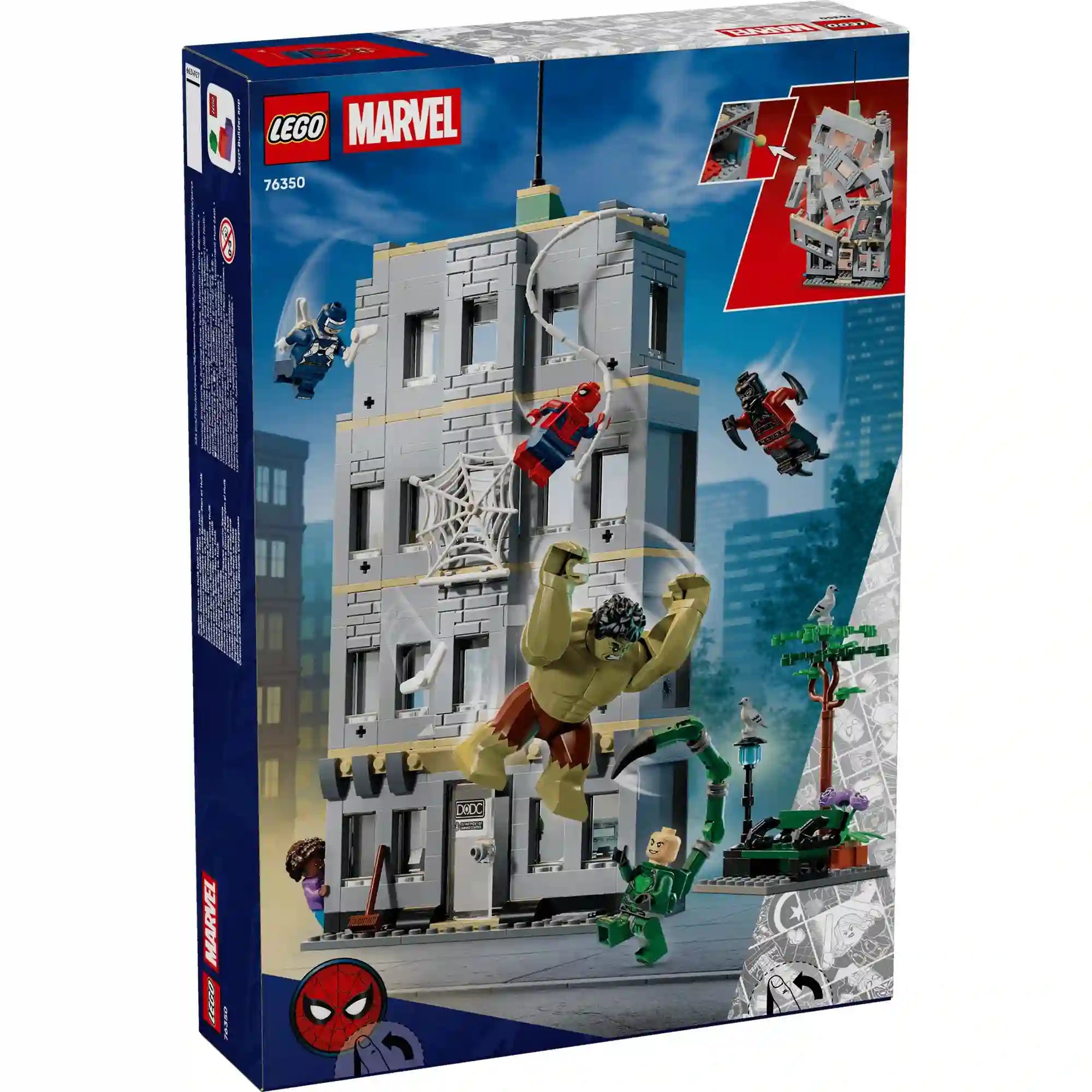 LEGO Marvel 76350 hátoldali dobozkép, amely bemutatja a rombolható épületet, az interaktív funkciókat és a készlet szereplőit.