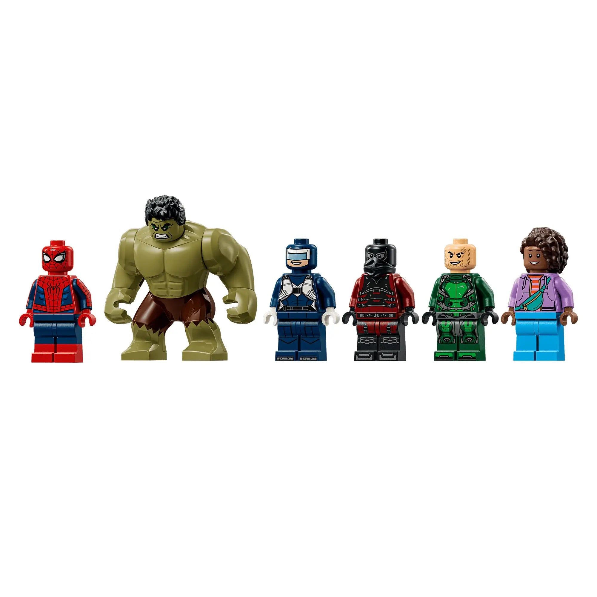 LEGO Marvel Pókember és Hulk csatája szereplői: Pókember, Hulk, Bumeráng, Tarantula, Skorpió és a hotdog árus minifigurák.