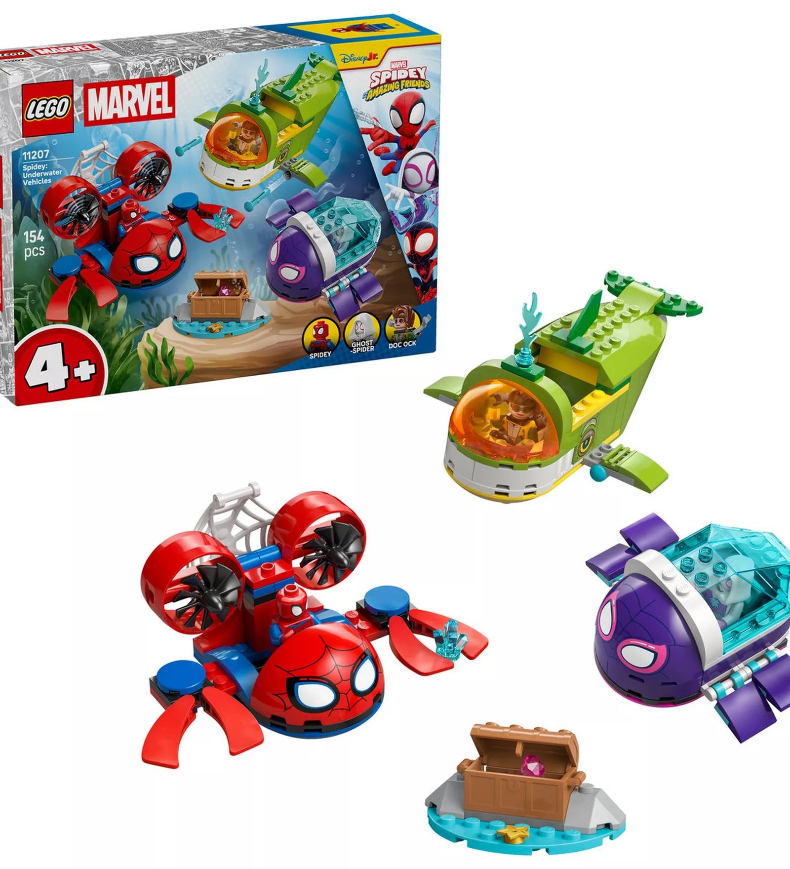 LEGO Marvel Spidey: Víz alatti járművek (11207) készlet bemutatóképe dobozzal, három tengeralattjáróval, kincsesládával és minifigurákkal.