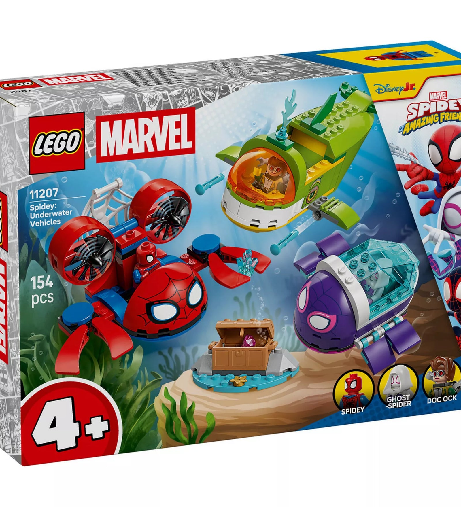 LEGO Marvel Spidey: Víz alatti járművek (11207) készlet dobozának eleje, három megépíthető tengeralattjáróval, Spidey, Pókfantom és Doc Ock minifigurákkal, 4 éves kortól.