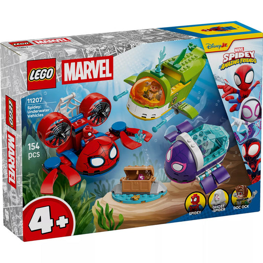LEGO Marvel Spidey: Víz alatti járművek (11207) készlet dobozának eleje, három megépíthető tengeralattjáróval, Spidey, Pókfantom és Doc Ock minifigurákkal, 4 éves kortól.