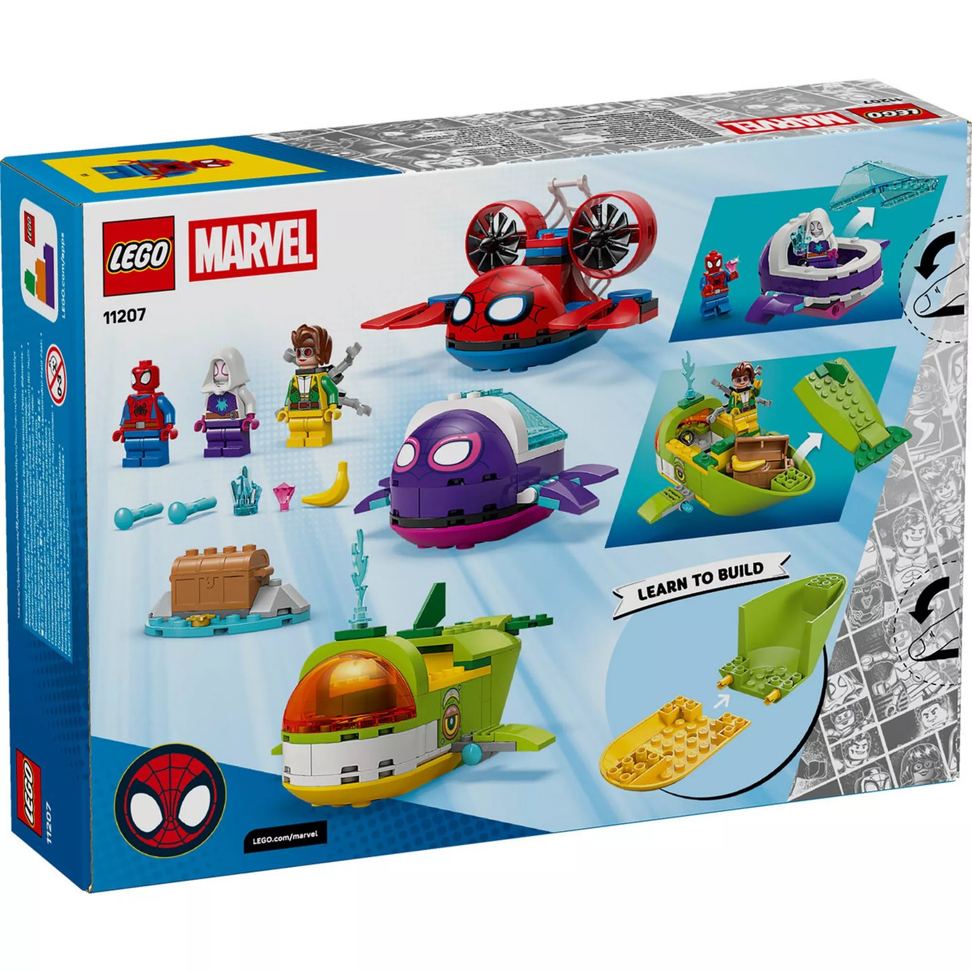 LEGO Marvel 11207 doboz hátoldala, amely bemutatja a tengeralattjárók funkcióit, a minifigurákat, a kiegészítőket és az egyszerű építési lépéseket.