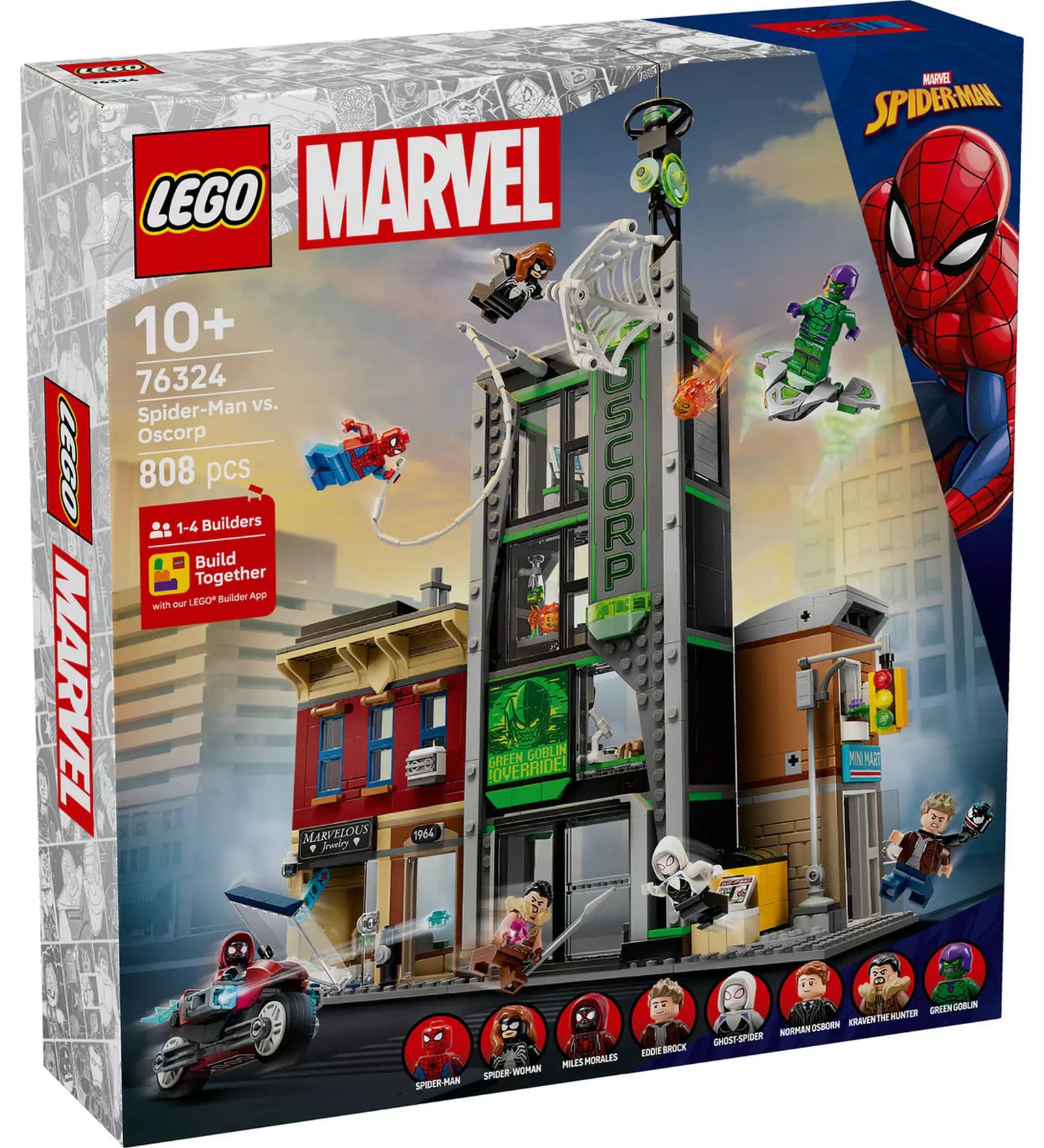 LEGO Marvel Pókember vs. Oscorp (76324) doboz eleje, Oscorp épület, Pókember és Zöld Manó akcióban.