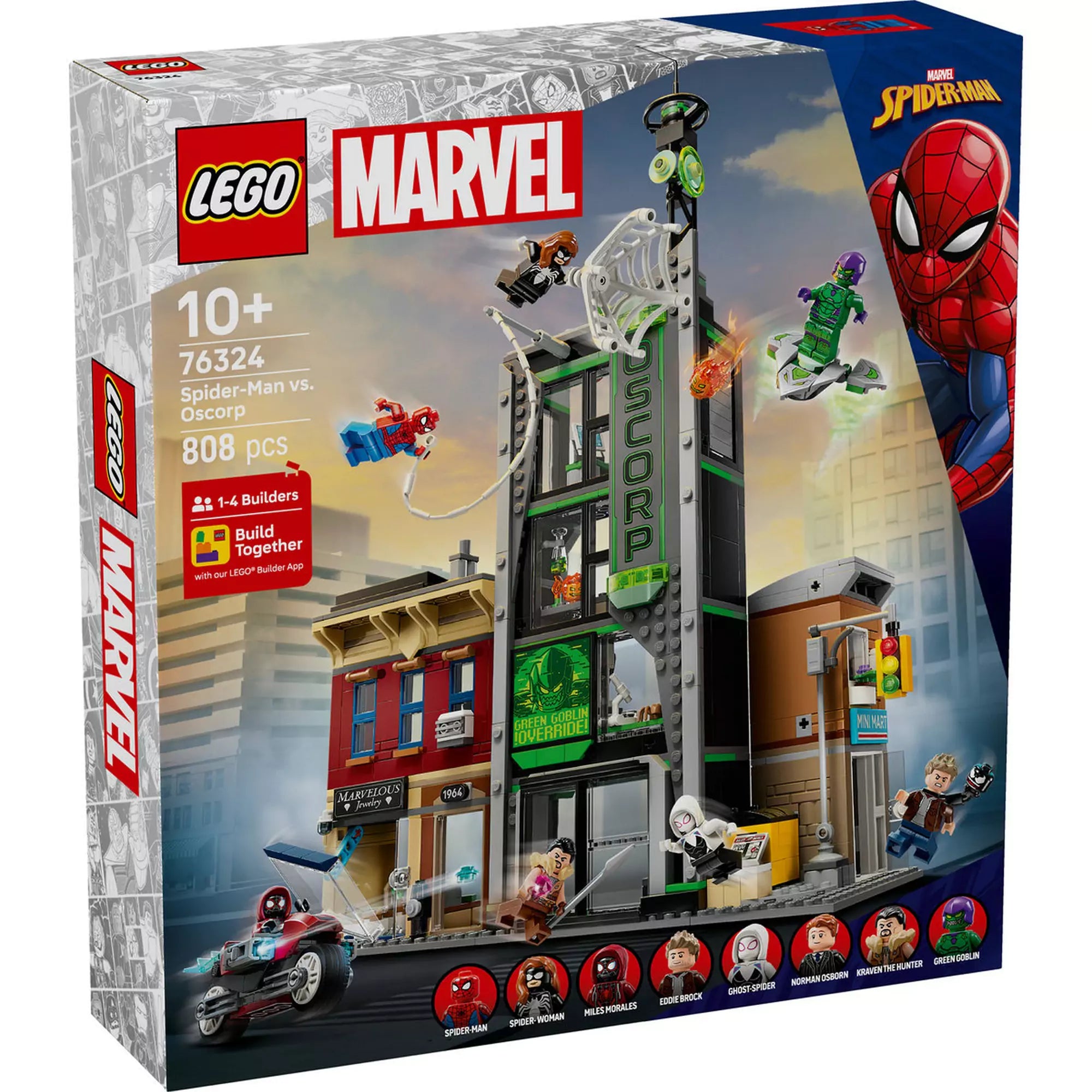 LEGO Marvel Pókember vs. Oscorp (76324) doboz eleje, Oscorp épület, Pókember és Zöld Manó akcióban.