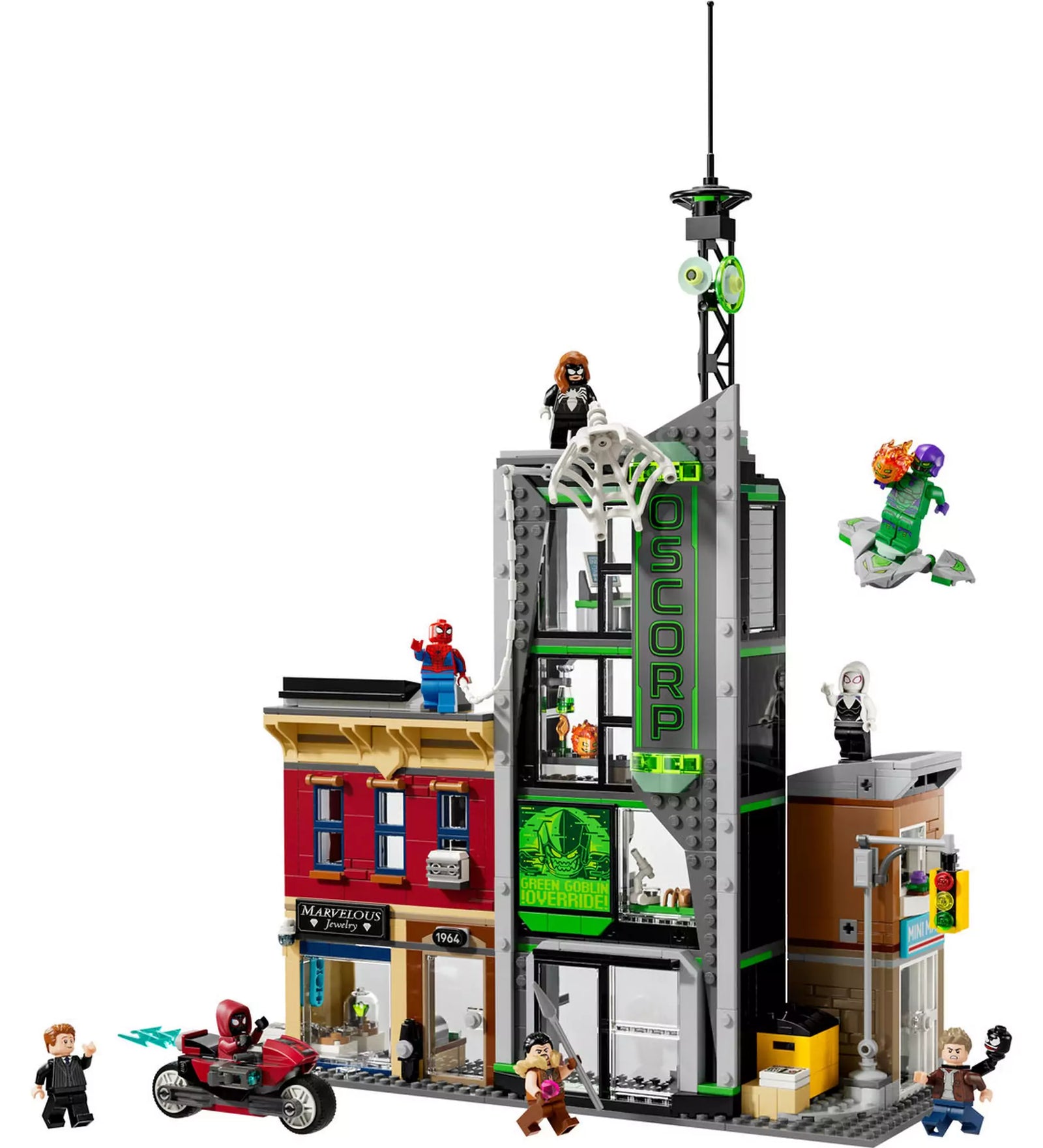 LEGO Marvel Pókember vs. Oscorp (76324) teljes készlet figurákkal, motorral és akciójelenetekkel.