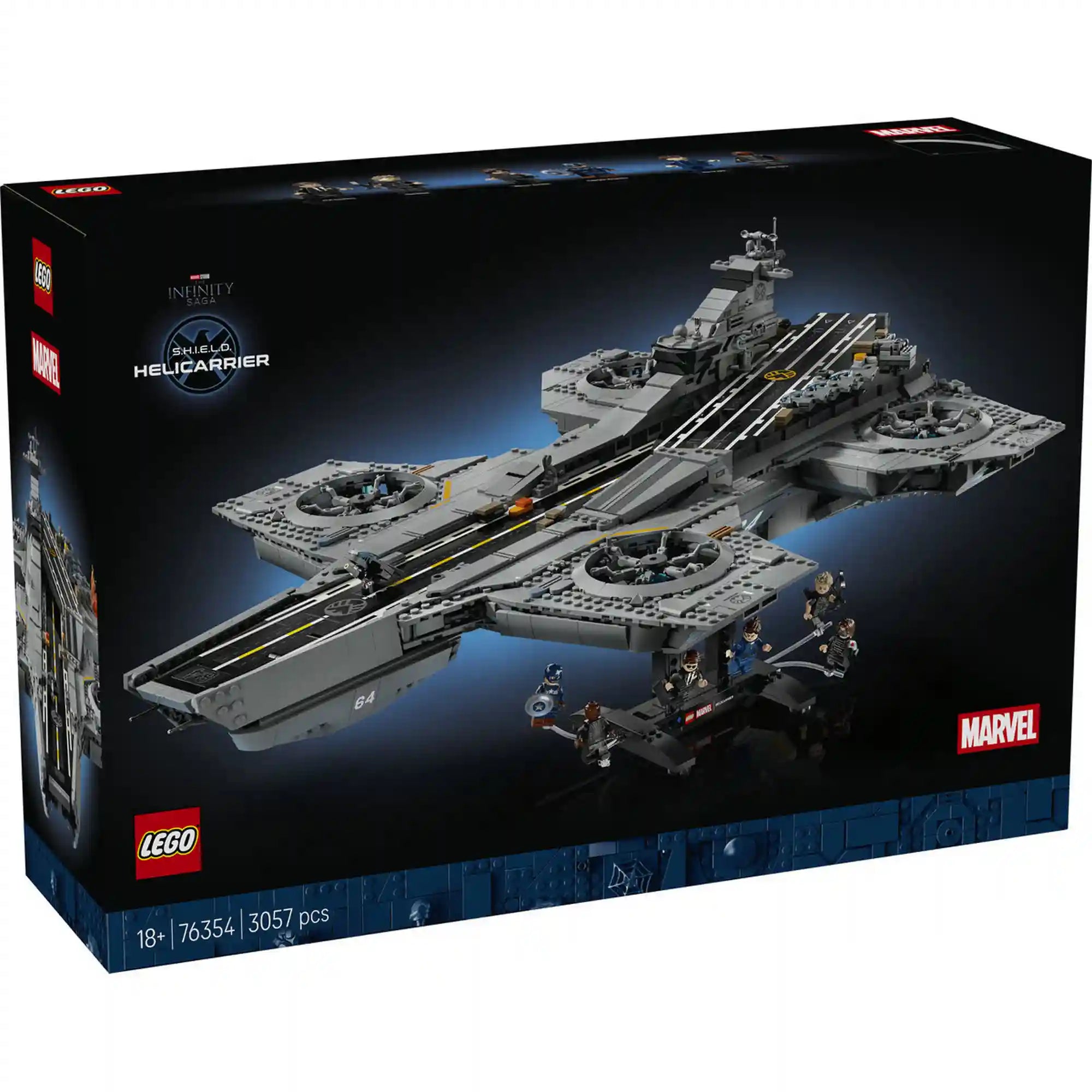 A LEGO Marvel S.H.I.E.L.D. Helicarrier 76354 készlet fekete doboza, rajta a szürke repülő erőd és a Marvel logó.