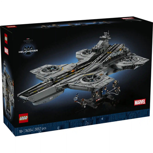 A LEGO Marvel S.H.I.E.L.D. Helicarrier 76354 készlet fekete doboza, rajta a szürke repülő erőd és a Marvel logó.