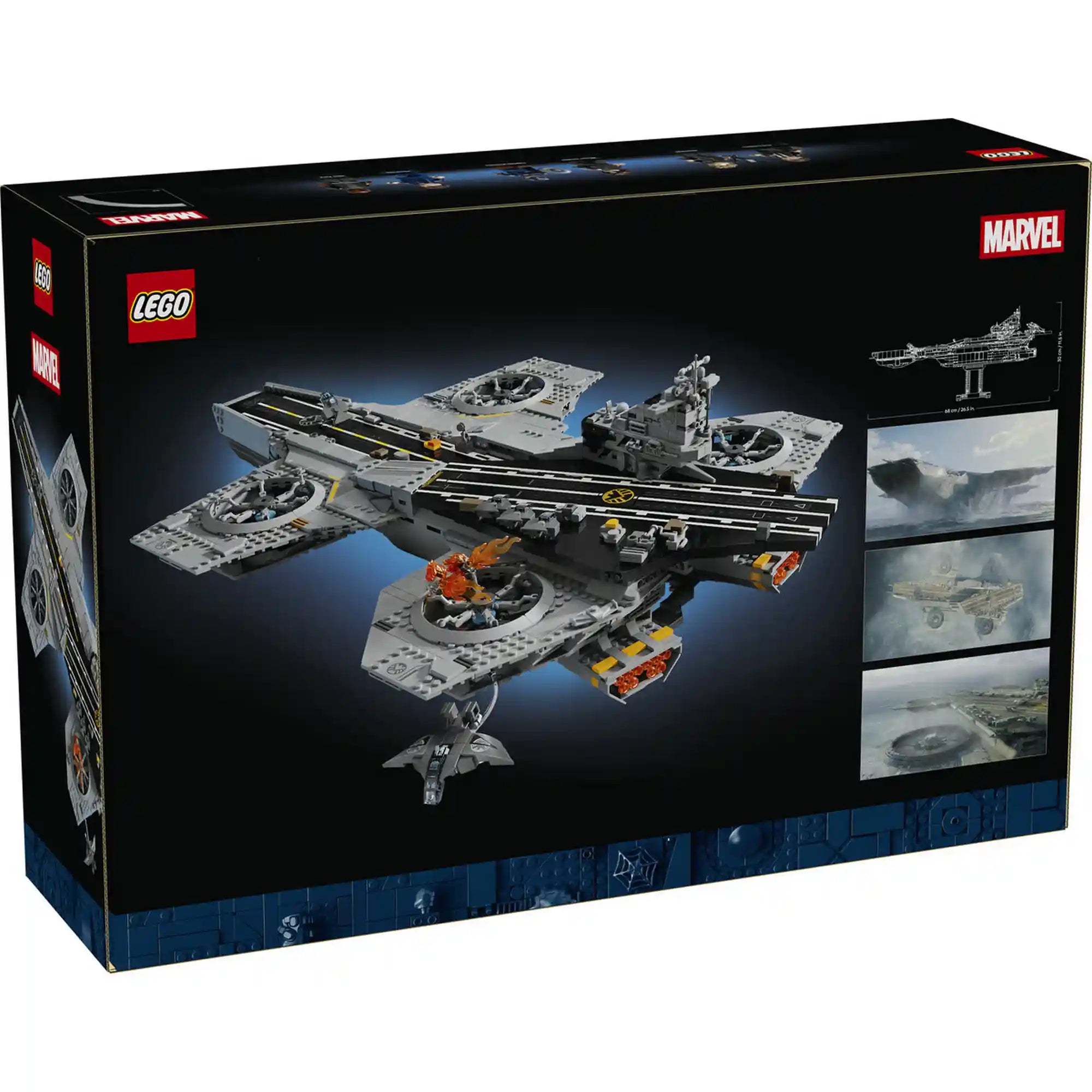 A LEGO Marvel Helicarrier készlet dobozának hátoldala, a hajó másik nézetével, részletfotókkal és méretjelöléssel.