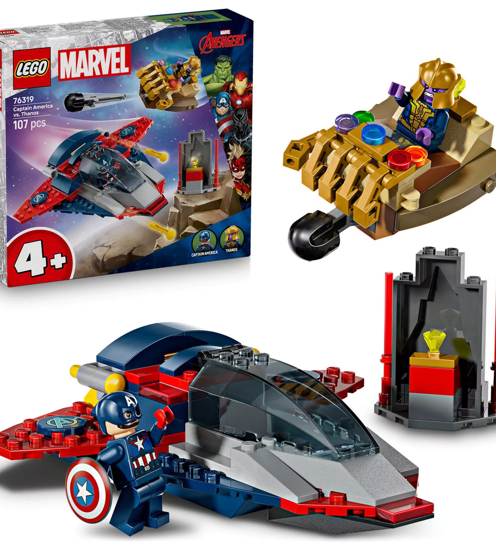 LEGO Marvel Super Heroes: Amerika Kapitány vs. Thanos (76319) készlet dobozzal és felépített játékelemekkel, harcra kész minifigurákkal.