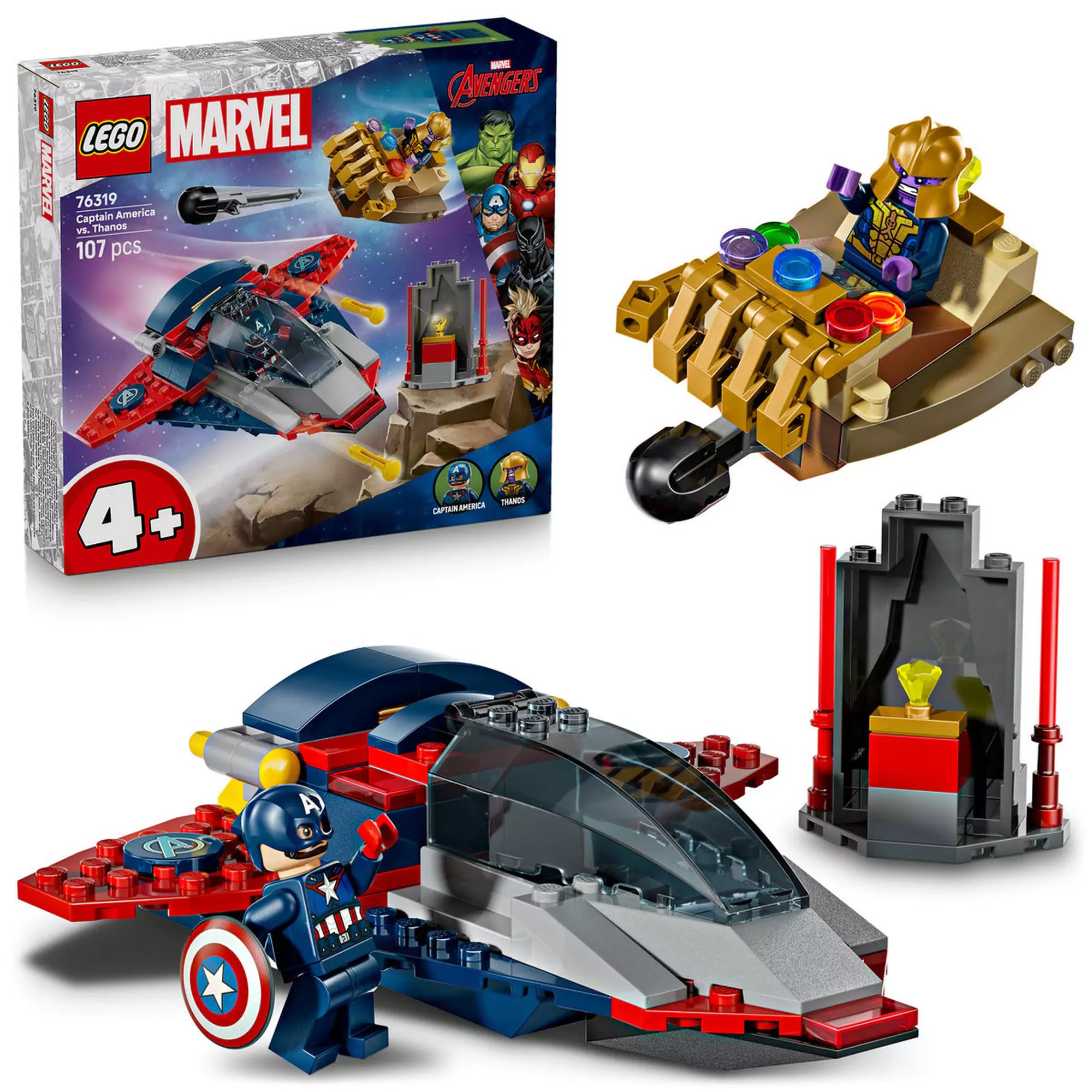 LEGO Marvel Super Heroes: Amerika Kapitány vs. Thanos (76319) készlet dobozzal és felépített játékelemekkel, harcra kész minifigurákkal.