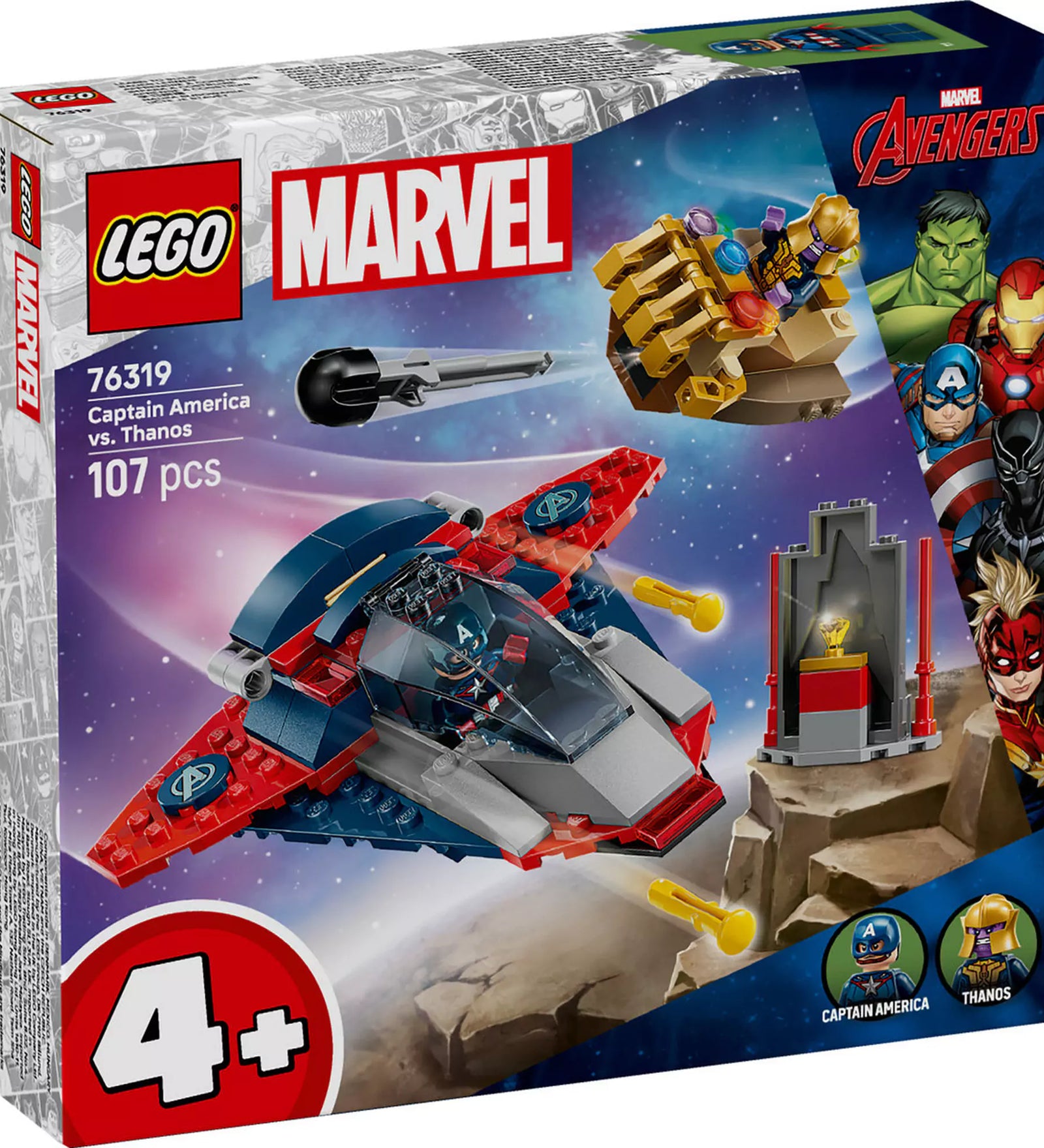  LEGO Marvel Super Heroes: Amerika Kapitány vs. Thanos (76319) készlet doboza, Quinjet űrhajóval és Végtelen Kesztyű alakú járművel.