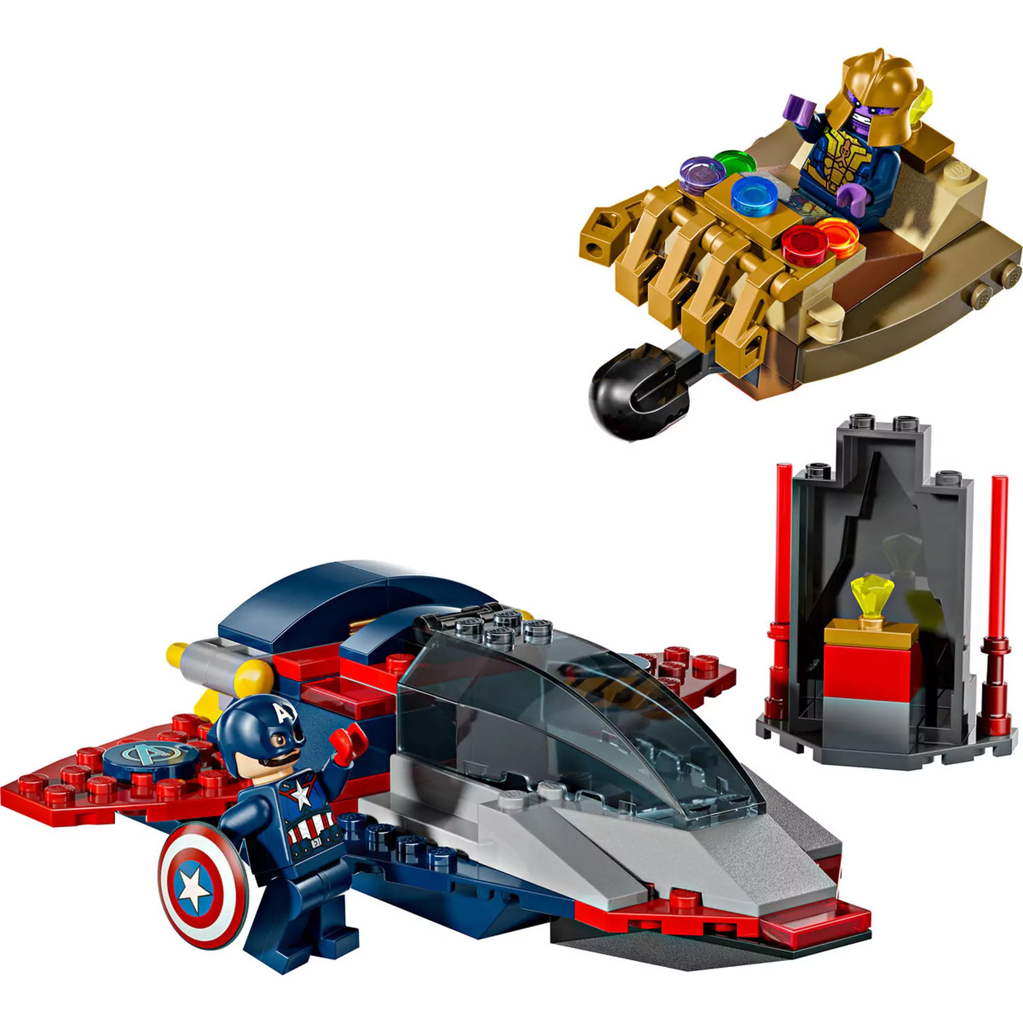 LEGO Marvel Super Heroes: Amerika Kapitány vs. Thanos (76319) épített Quinjet, Thanos Végtelen Kesztyű járműve és kozmikus kő elemmel.