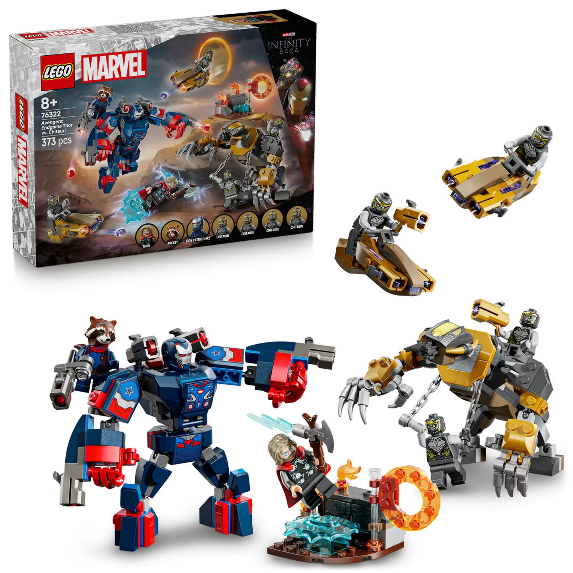 LEGO Marvel Super Heroes: Bosszúállók: Végjáték Thor a chitauri harcosok ellen (76322) teljes készlet dobozzal, figurákkal és járművekkel.