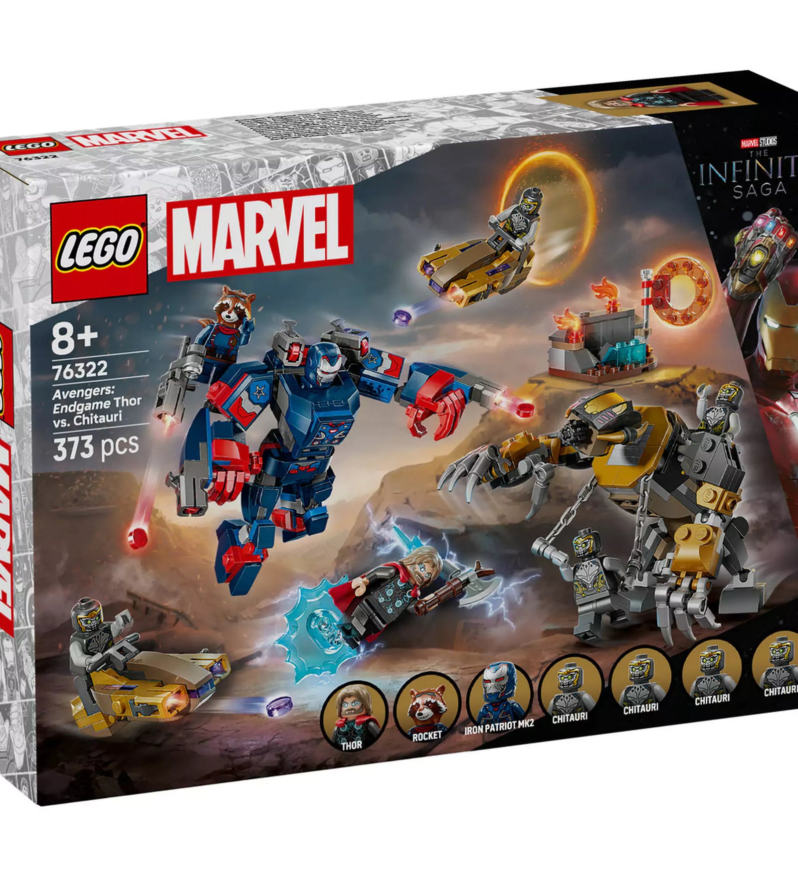 LEGO Marvel Super Heroes: Bosszúállók: Végjáték Thor a chitauri harcosok ellen (76322) dobozkép elölnézetben, a szereplőkkel és jelenettel.