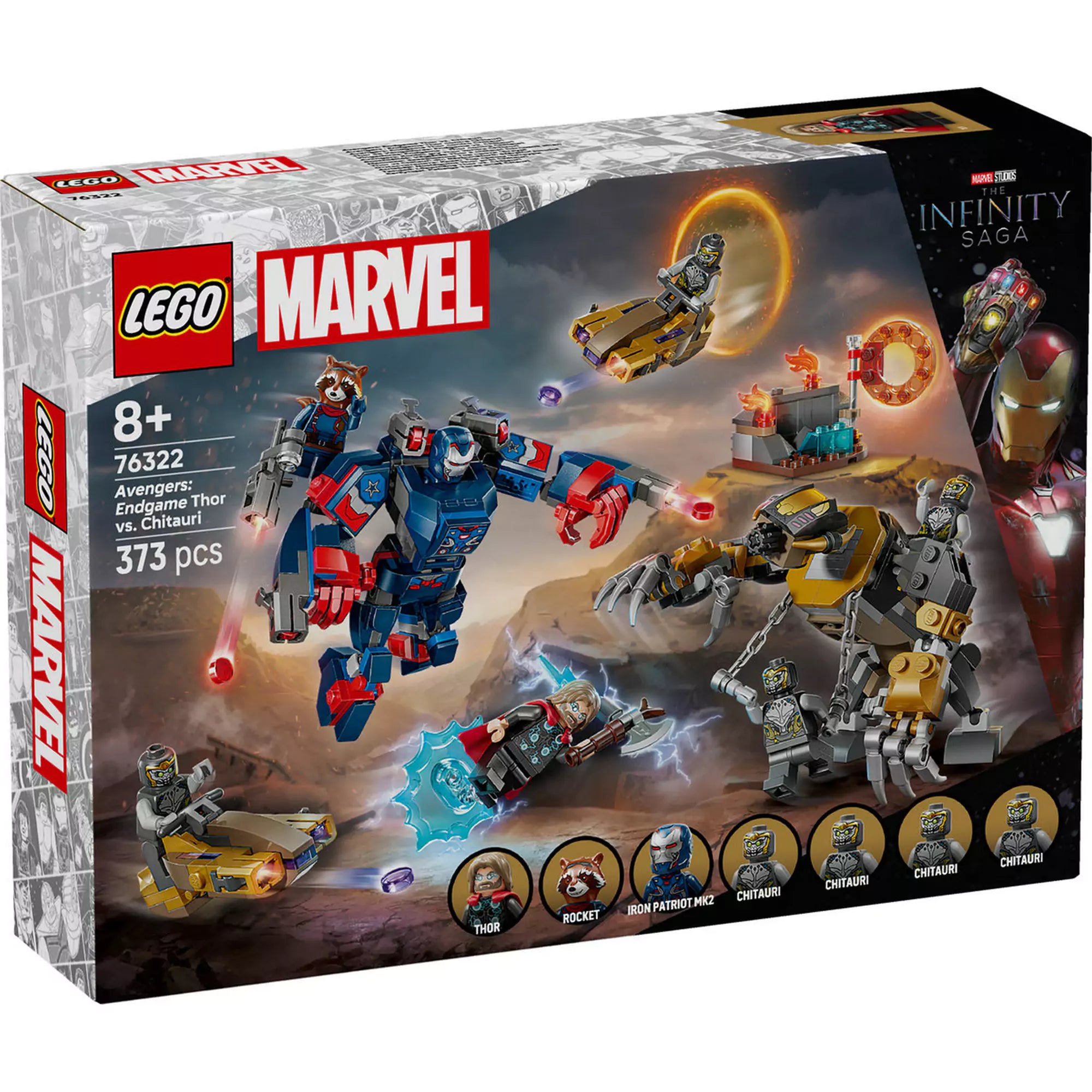 LEGO Marvel Super Heroes: Bosszúállók: Végjáték Thor a chitauri harcosok ellen (76322) dobozkép elölnézetben, a szereplőkkel és jelenettel.