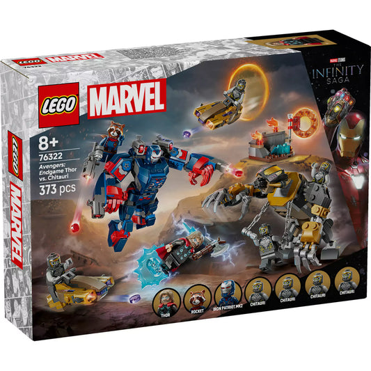 LEGO Marvel Super Heroes: Bosszúállók: Végjáték Thor a chitauri harcosok ellen (76322) dobozkép elölnézetben, a szereplőkkel és jelenettel.