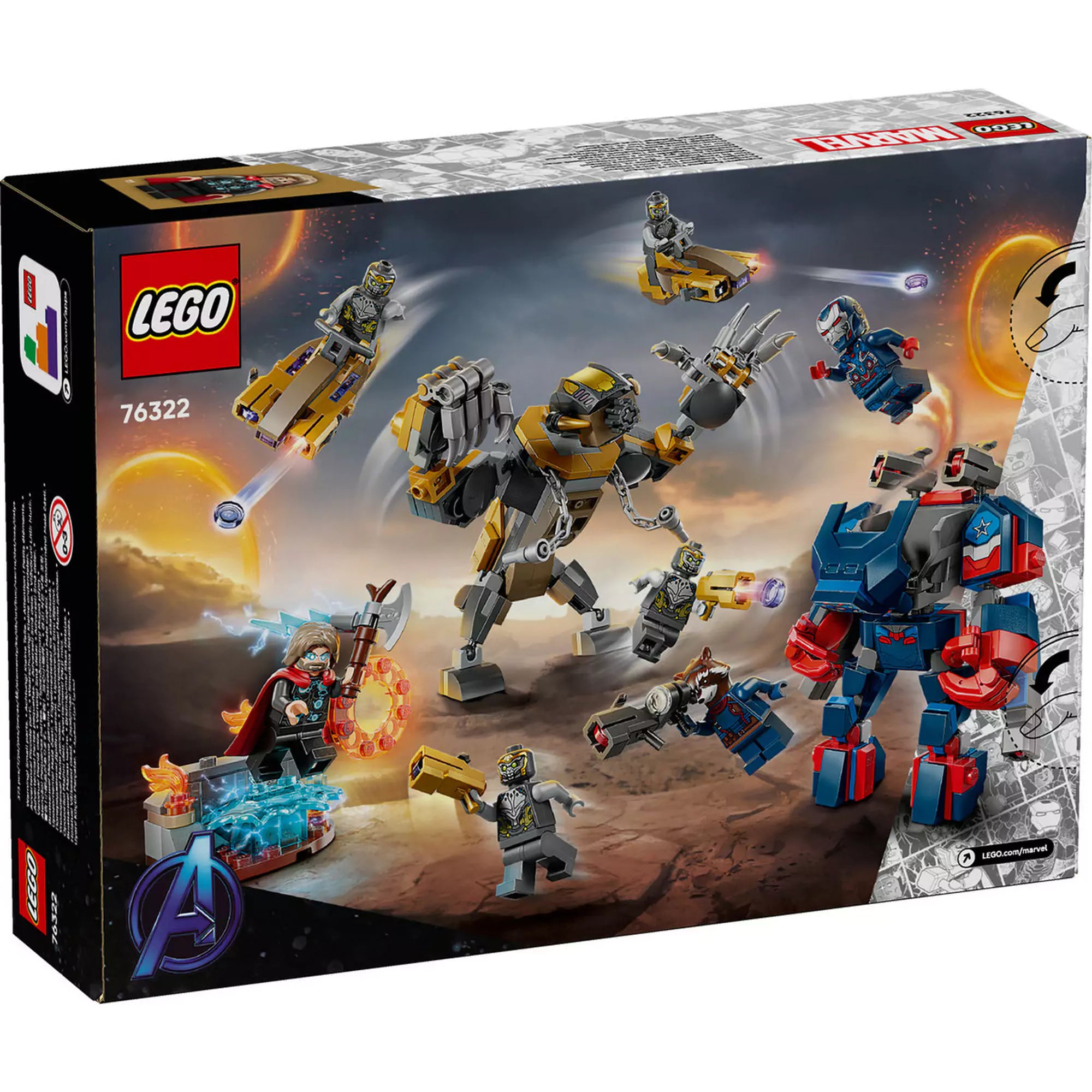 LEGO Marvel Super Heroes: Bosszúállók: Végjáték Thor a chitauri harcosok ellen (76322) dobozkép hátulnézetben, akciójelenetekkel.