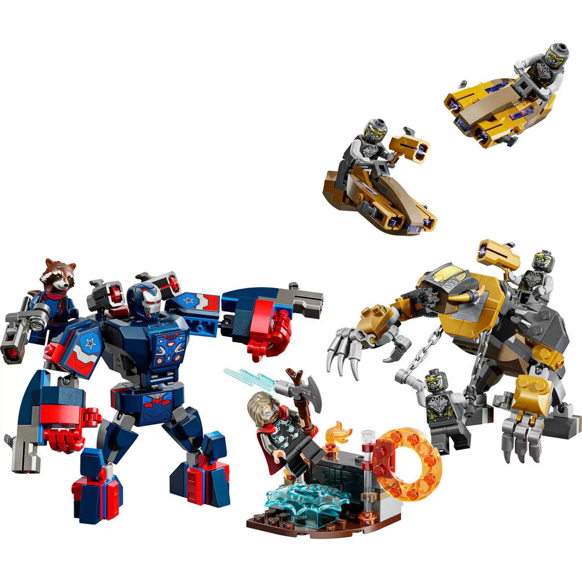LEGO Marvel Super Heroes: Bosszúállók: Végjáték Thor a chitauri harcosok ellen (76322) készlet, Thor, Rocket, Iron Patriot és a chitauri harcosok csatájával.