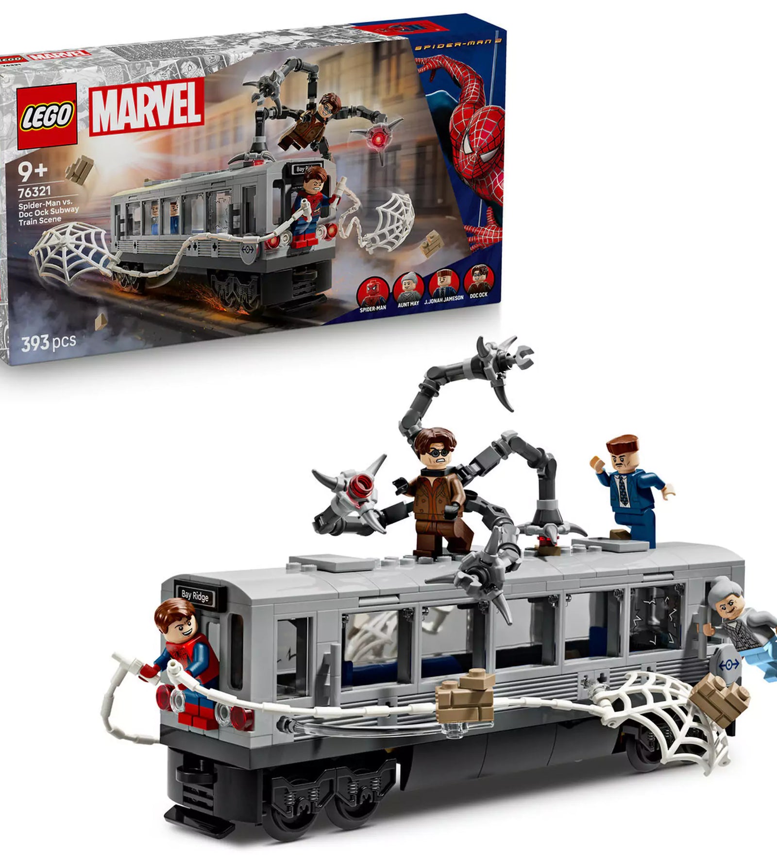 Teljes készlet és doboz a LEGO Marvel Super Heroes: Pókember és Doc Ock csatája a metrókocsiban (76321) szettből, figurákkal és metrókocsival.