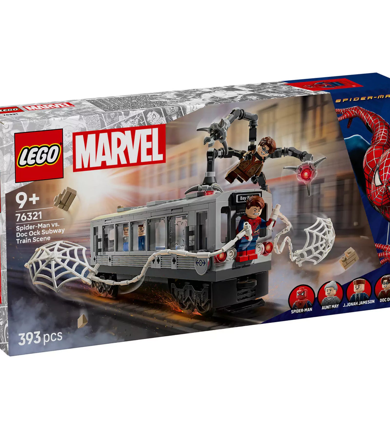 LEGO Marvel Super Heroes: Pókember és Doc Ock csatája a metrókocsiban (76321) dobozkép, Pókember hálót lő a metró elejére, Doc Ock a tetőn támad.