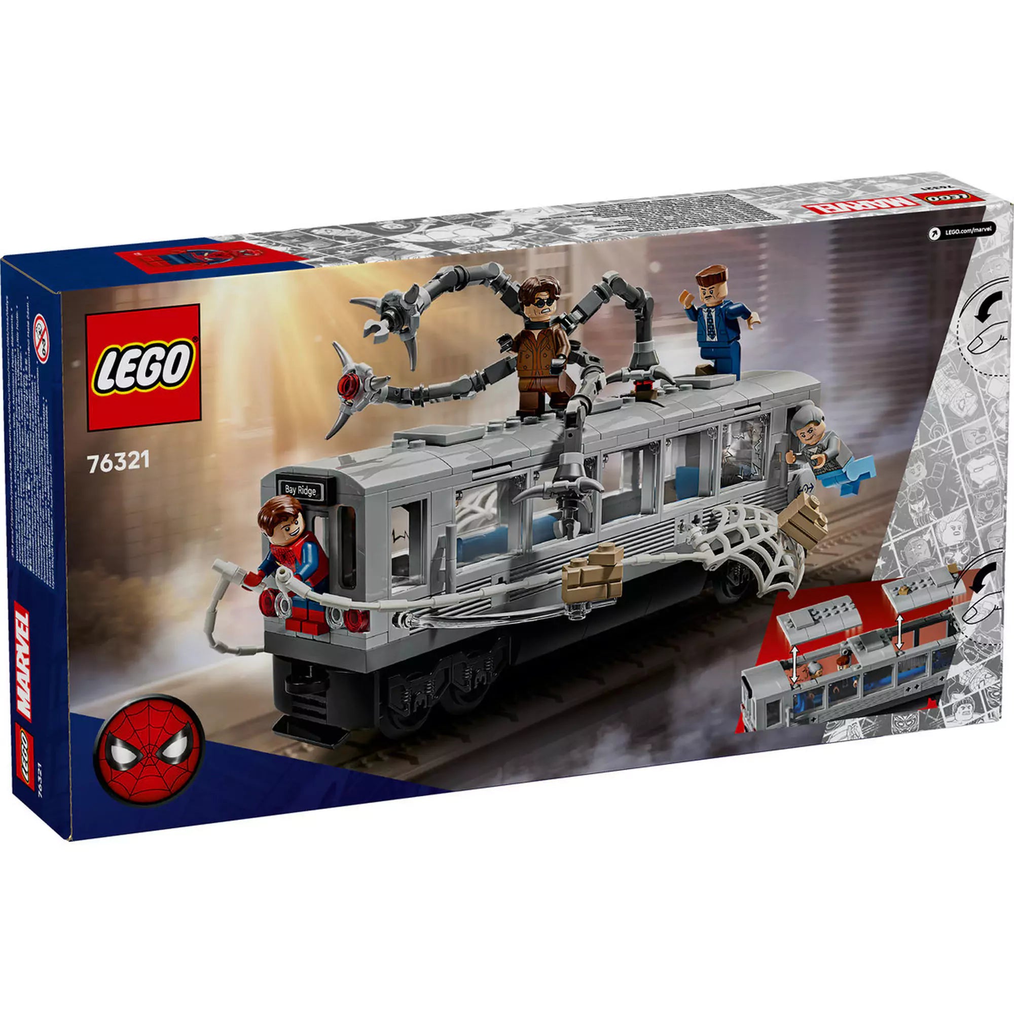 LEGO Marvel Super Heroes: Pókember és Doc Ock csatája a metrókocsiban (76321) hátoldali dobozkép, a figurák és funkciók bemutatása.