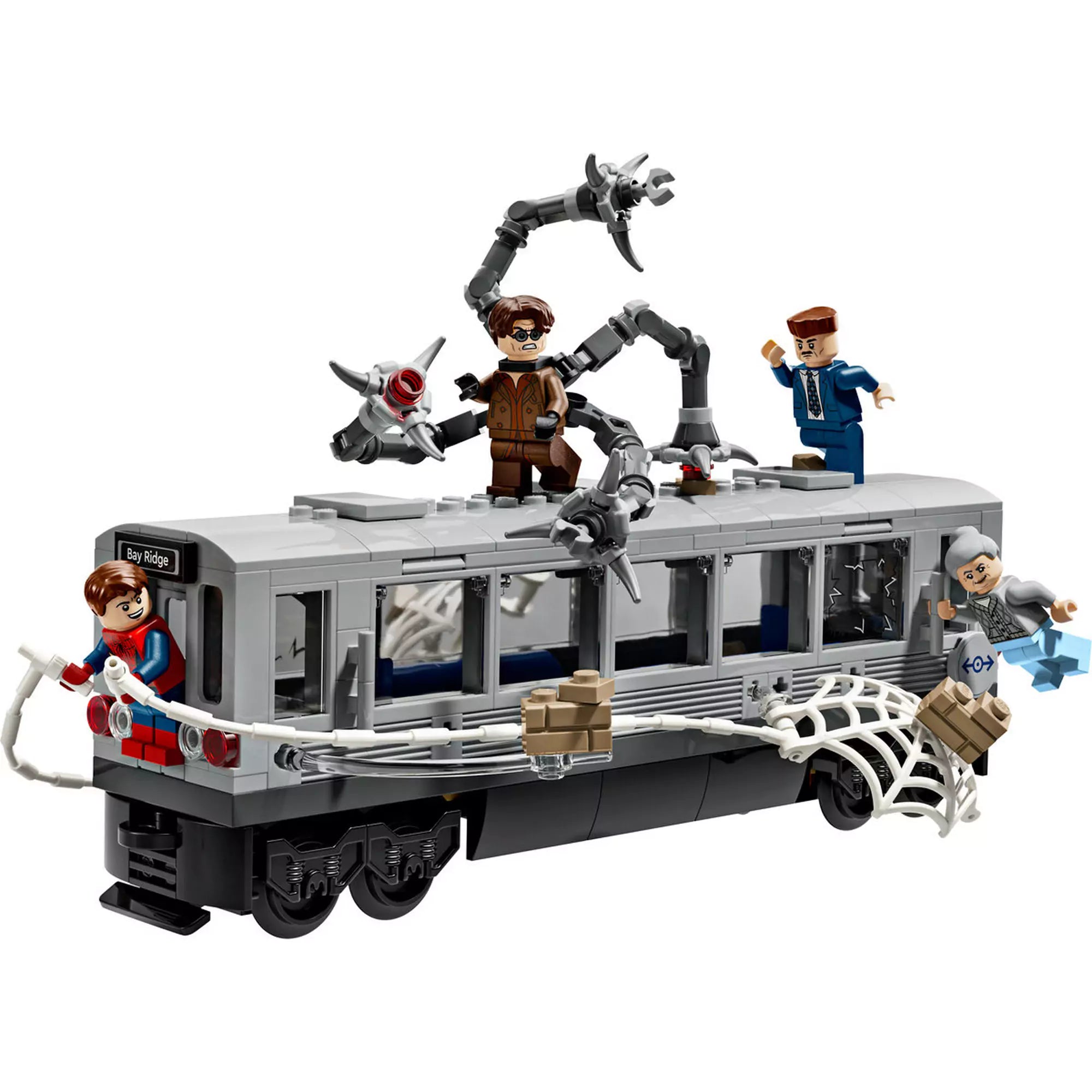 Akciójelenet a LEGO Marvel Super Heroes: Pókember és Doc Ock csatája a metrókocsiban (76321) készletből, Pókember hálója megfogja a mozgó kocsit.