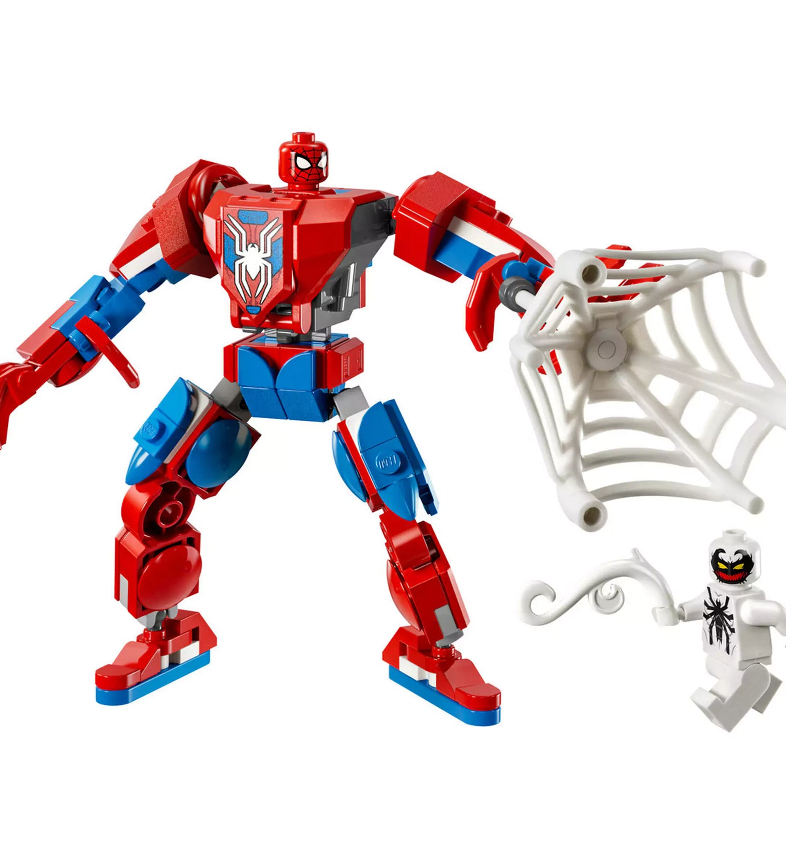 A megépített robot és a minifigurák részletes képe, kiemelve a mozgatható végtagokat és a hálót.