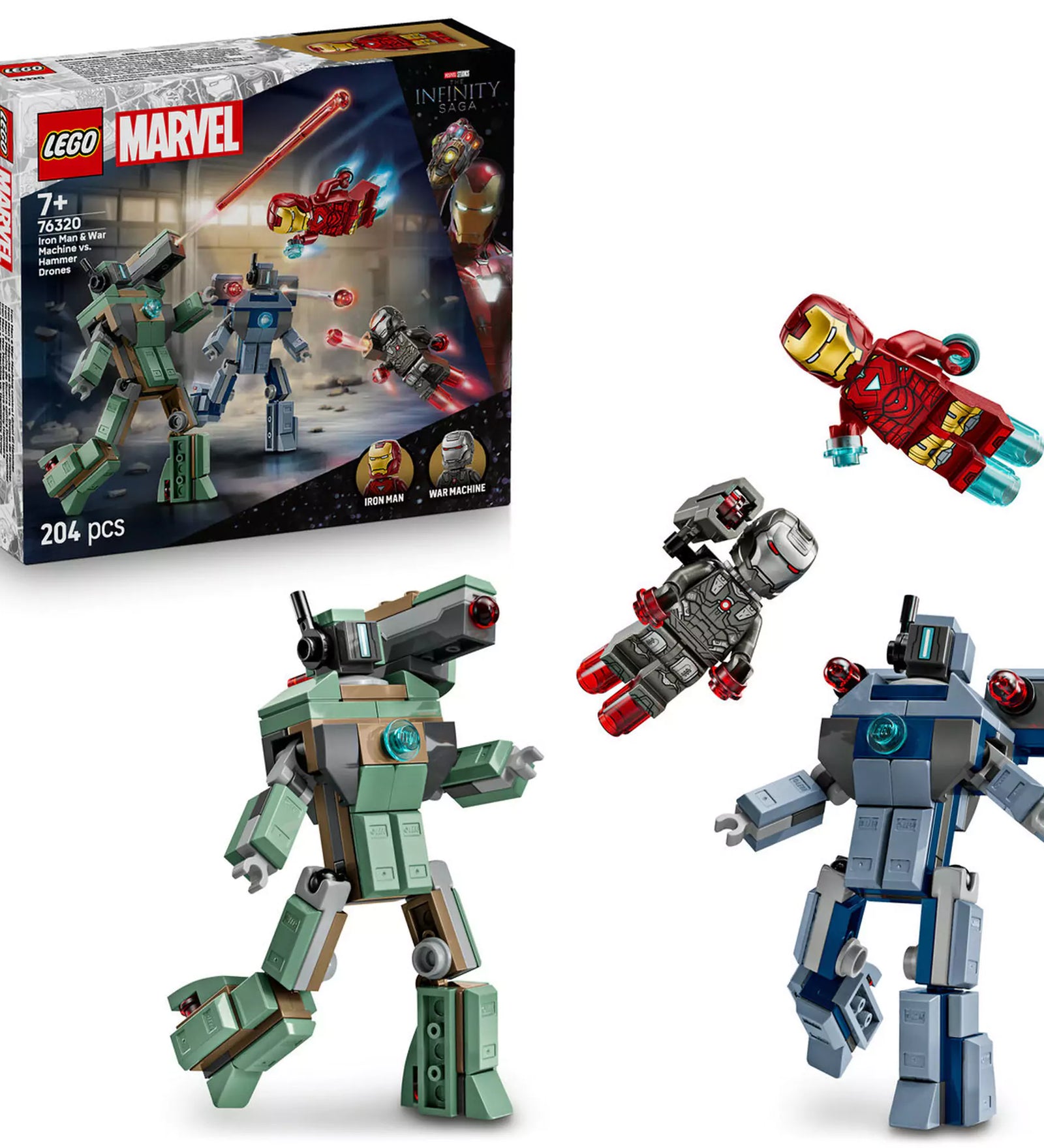 LEGO Marvel Super Heroes: Vasember és Hadigép vs. Hammer-drónok (76320) teljes készlet dobozzal, minifigurákkal és két drónnal.