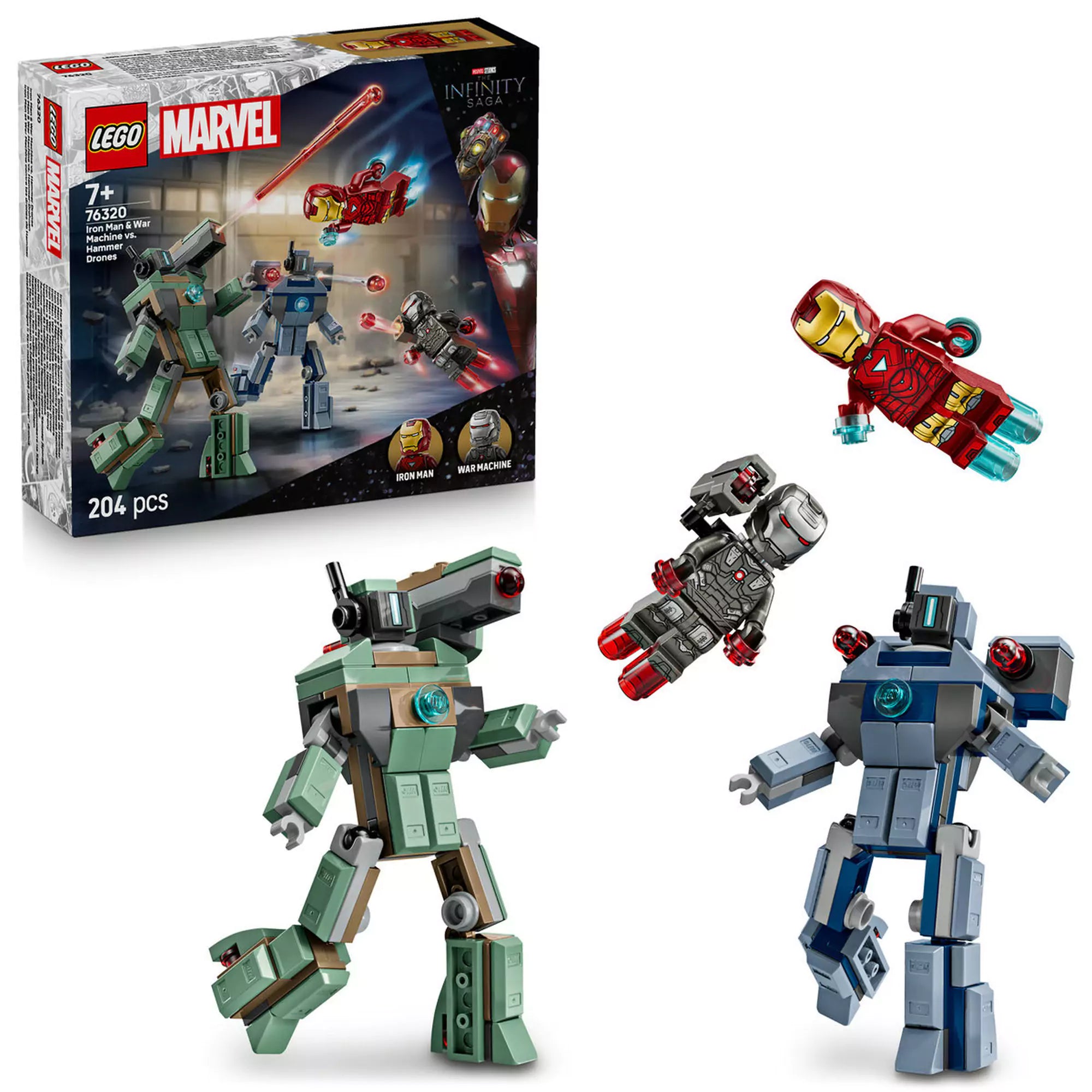LEGO Marvel Super Heroes: Vasember és Hadigép vs. Hammer-drónok (76320) teljes készlet dobozzal, minifigurákkal és két drónnal.
