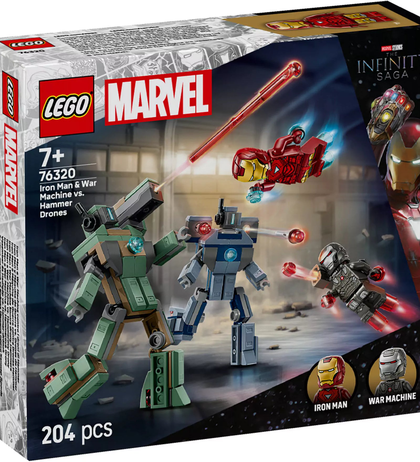 LEGO Marvel Super Heroes: Vasember és Hadigép vs. Hammer-drónok (76320) dobozkép, akciójelenettel és két drónnal.