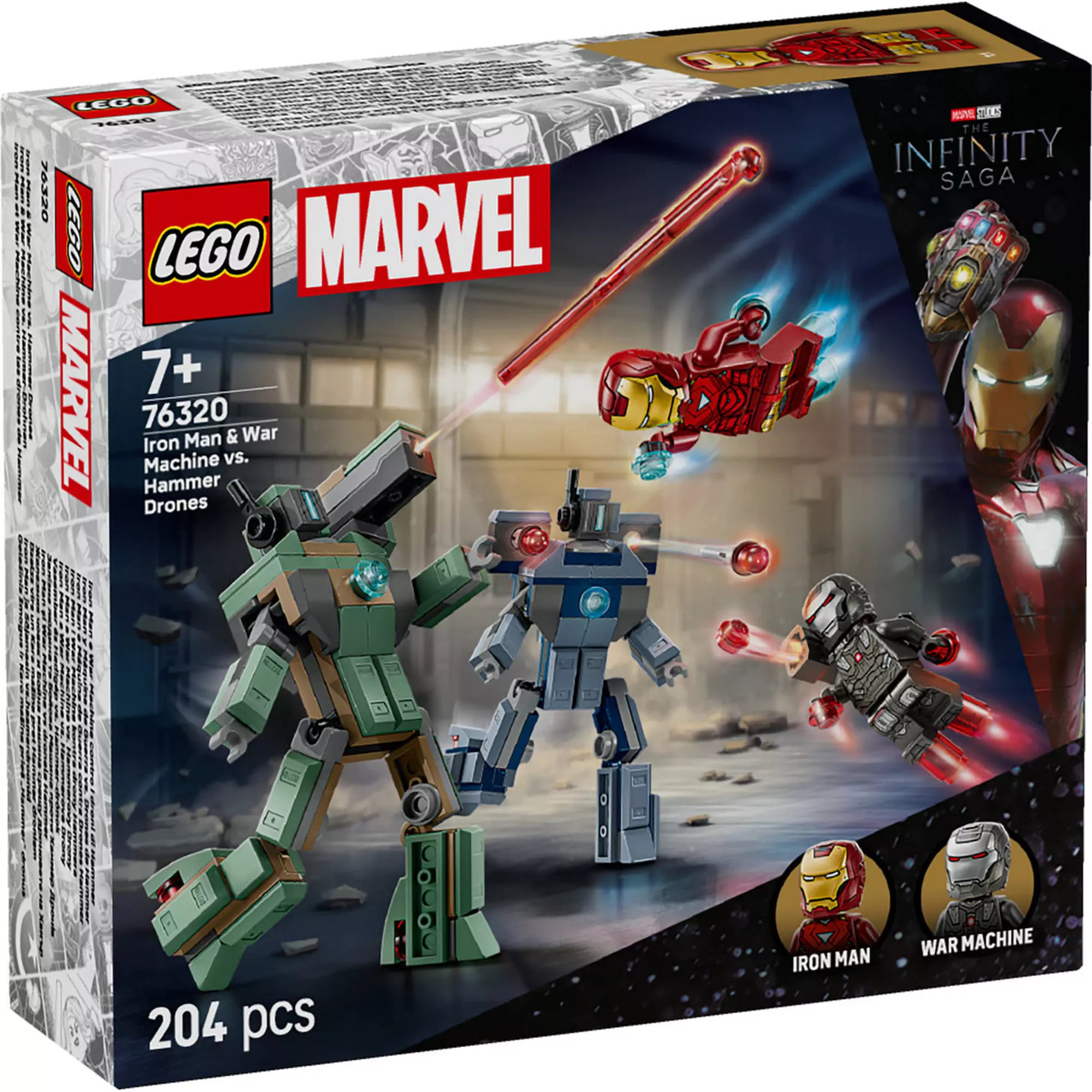 LEGO Marvel Super Heroes: Vasember és Hadigép vs. Hammer-drónok (76320) dobozkép, akciójelenettel és két drónnal.