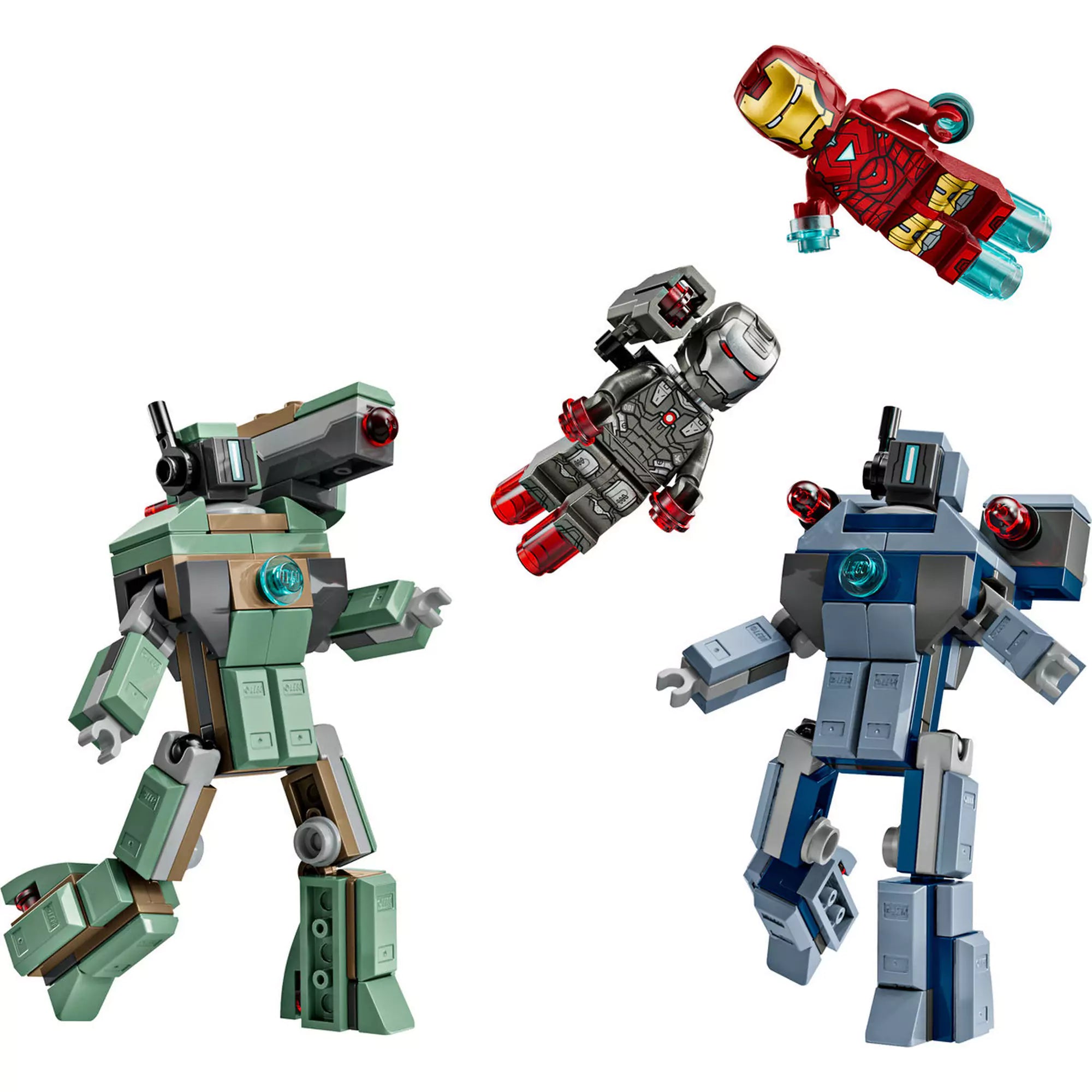 LEGO Marvel Super Heroes: Vasember és Hadigép vs. Hammer-drónok (76320) figurák és drónok akciójelenetben, lebegő pózban.