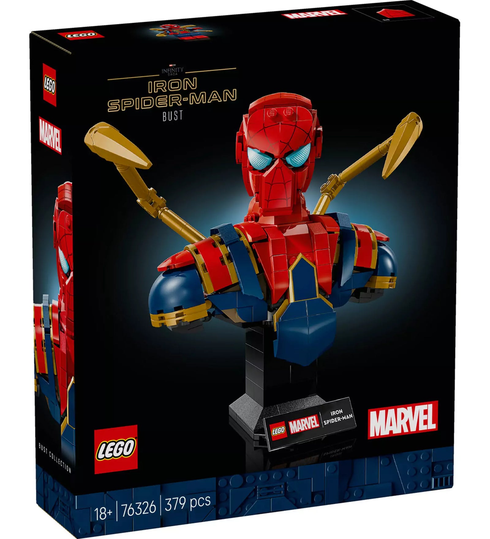 LEGO Marvel Iron Spider-Man mellszobor (76326) dobozkép – A fekete háttér előtt a piros-kék-arany színű Pókember mellszobor látható, a LEGO és Marvel logókkal.