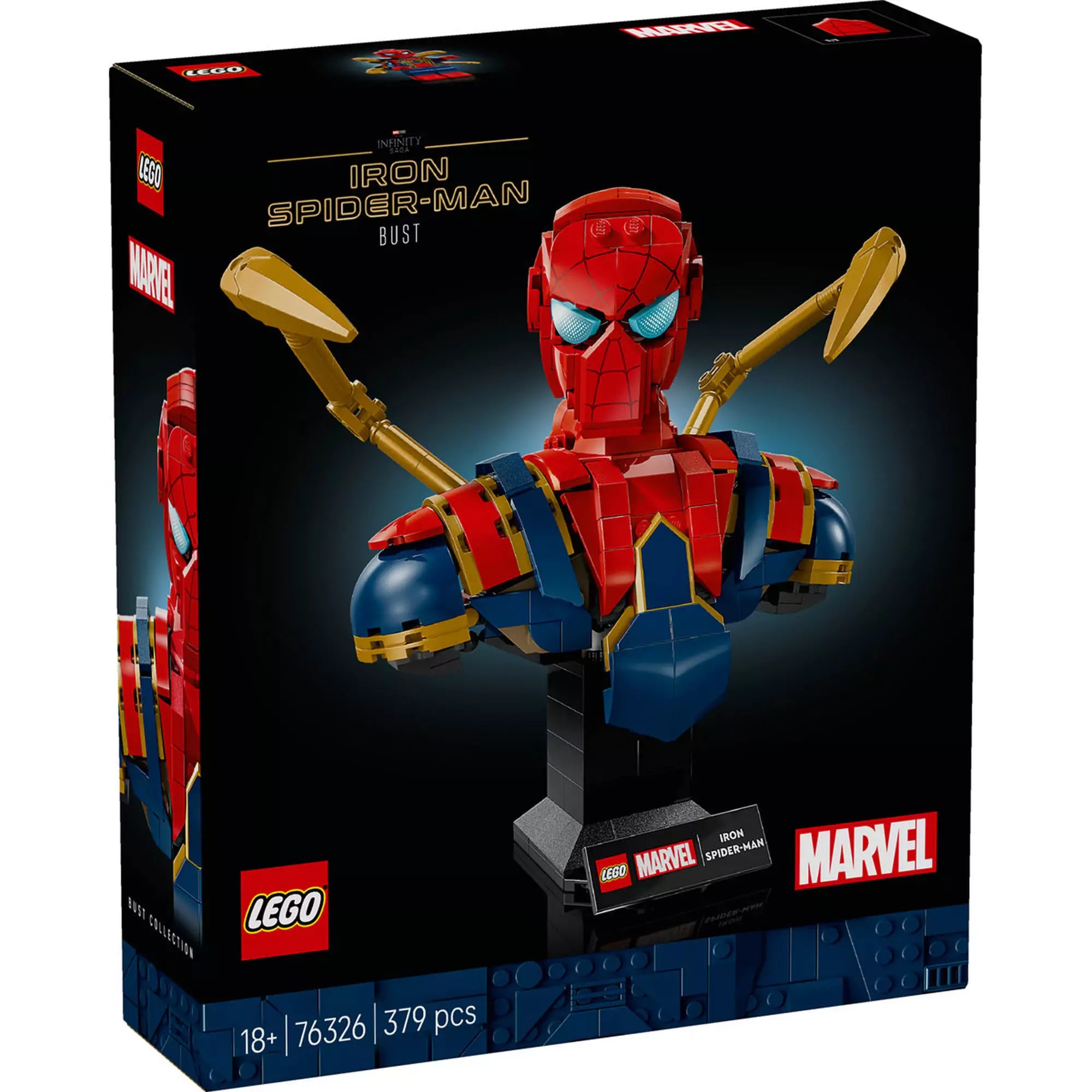 LEGO Marvel Iron Spider-Man mellszobor (76326) dobozkép – A fekete háttér előtt a piros-kék-arany színű Pókember mellszobor látható, a LEGO és Marvel logókkal.