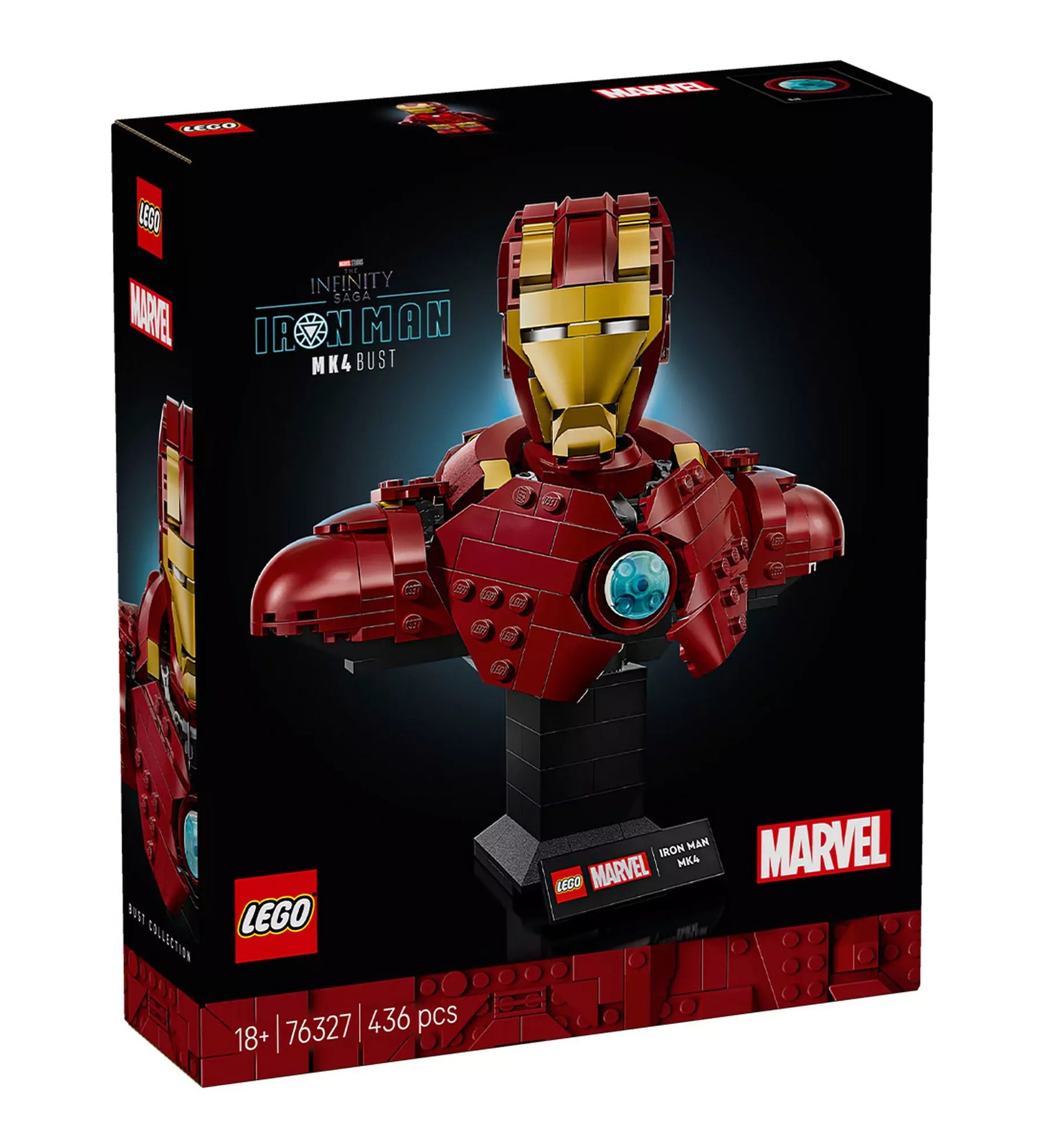 A LEGO Marvel Iron Man MK4 mellszobor (76327) sötét háttérrel, a dobozon a vörös-arany páncélos Iron Man büsztje és az „Infinity Saga” logó látható.
