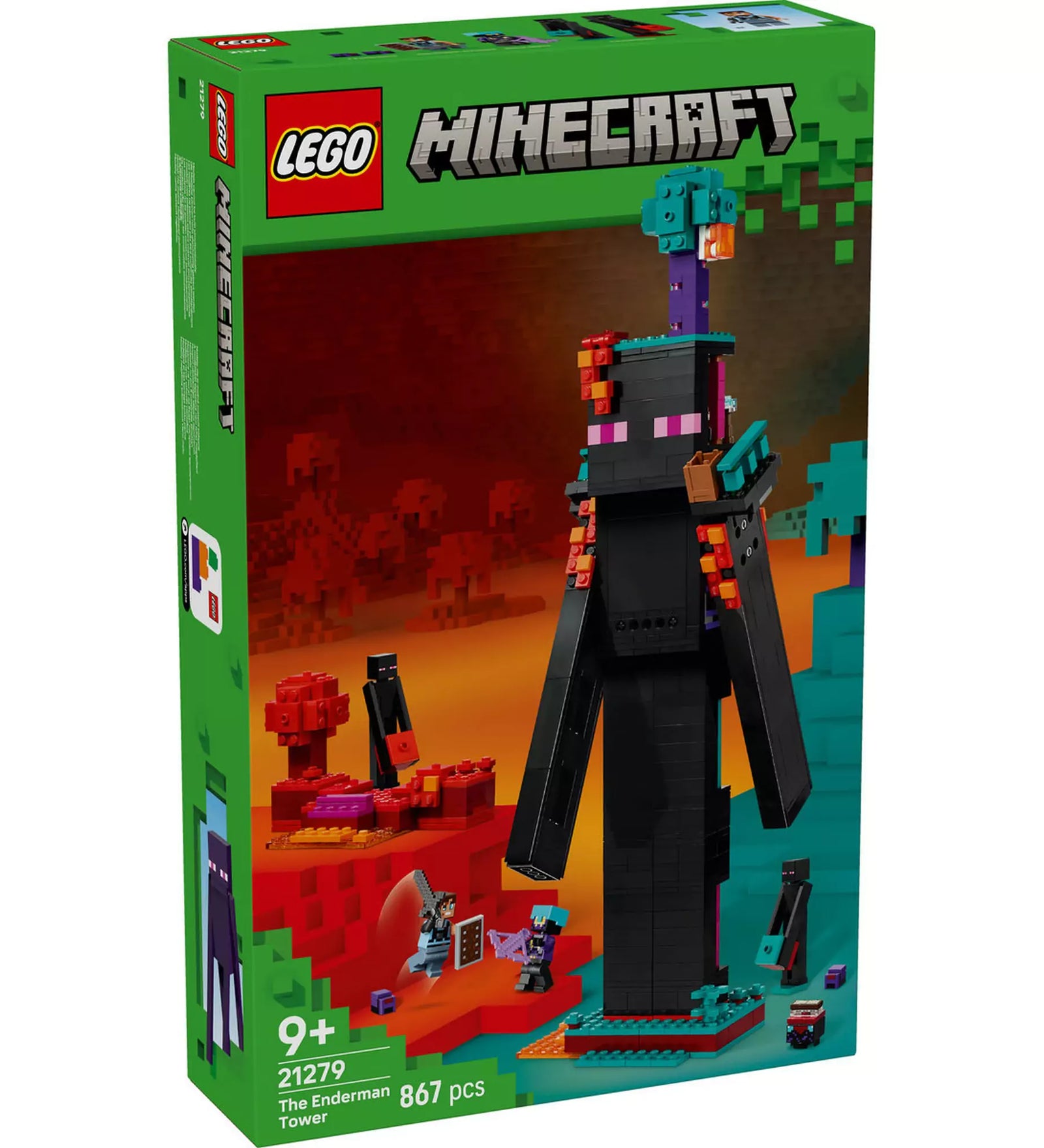 LEGO Minecraft: A Bevégzőtorony (21279) doboz előlapja, az Enderman alakú torony és Minecraft karakterek látványával.