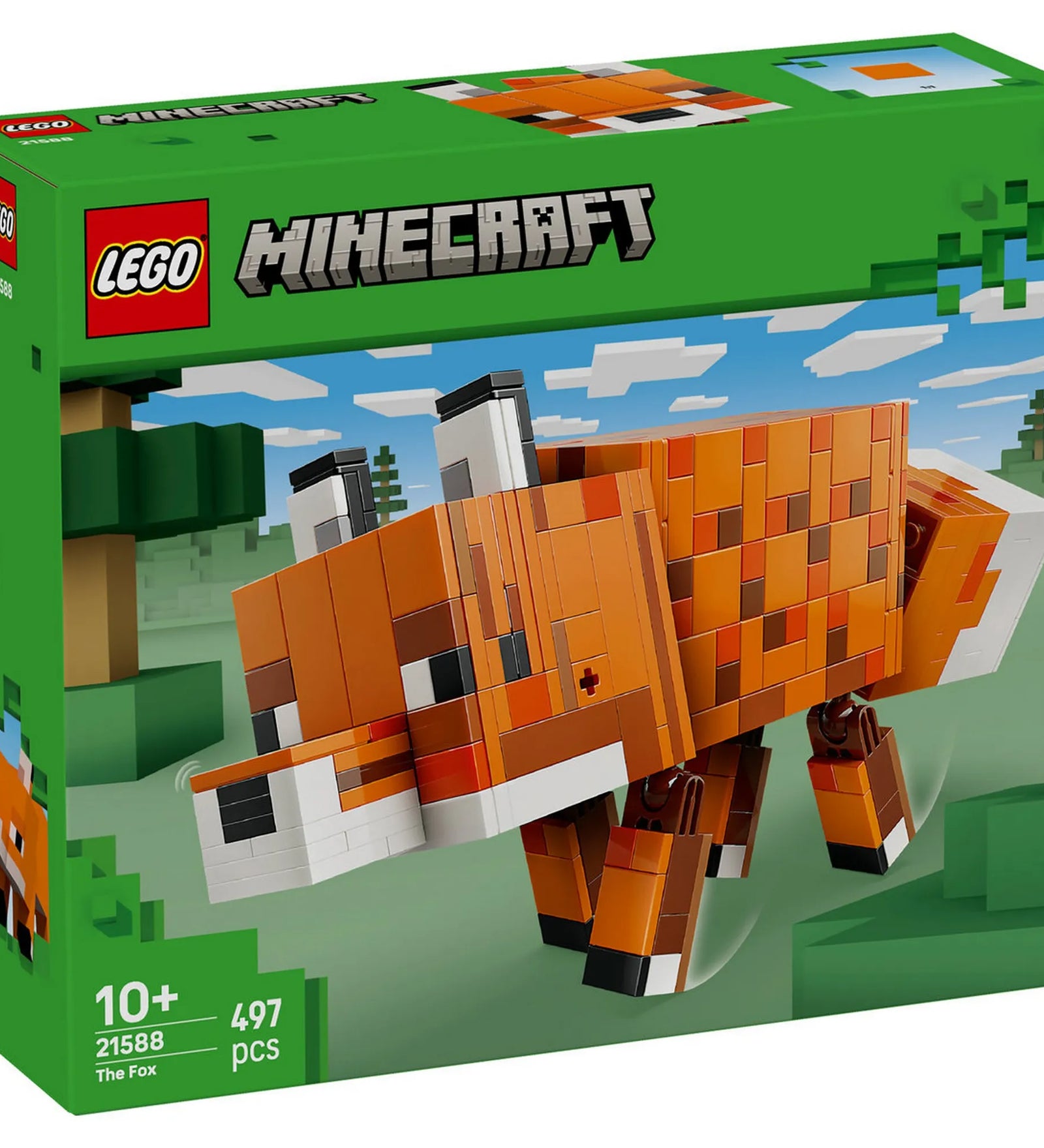 LEGO Minecraft: A róka 21588 dobozképe, megépíthető Minecraft róka figurával