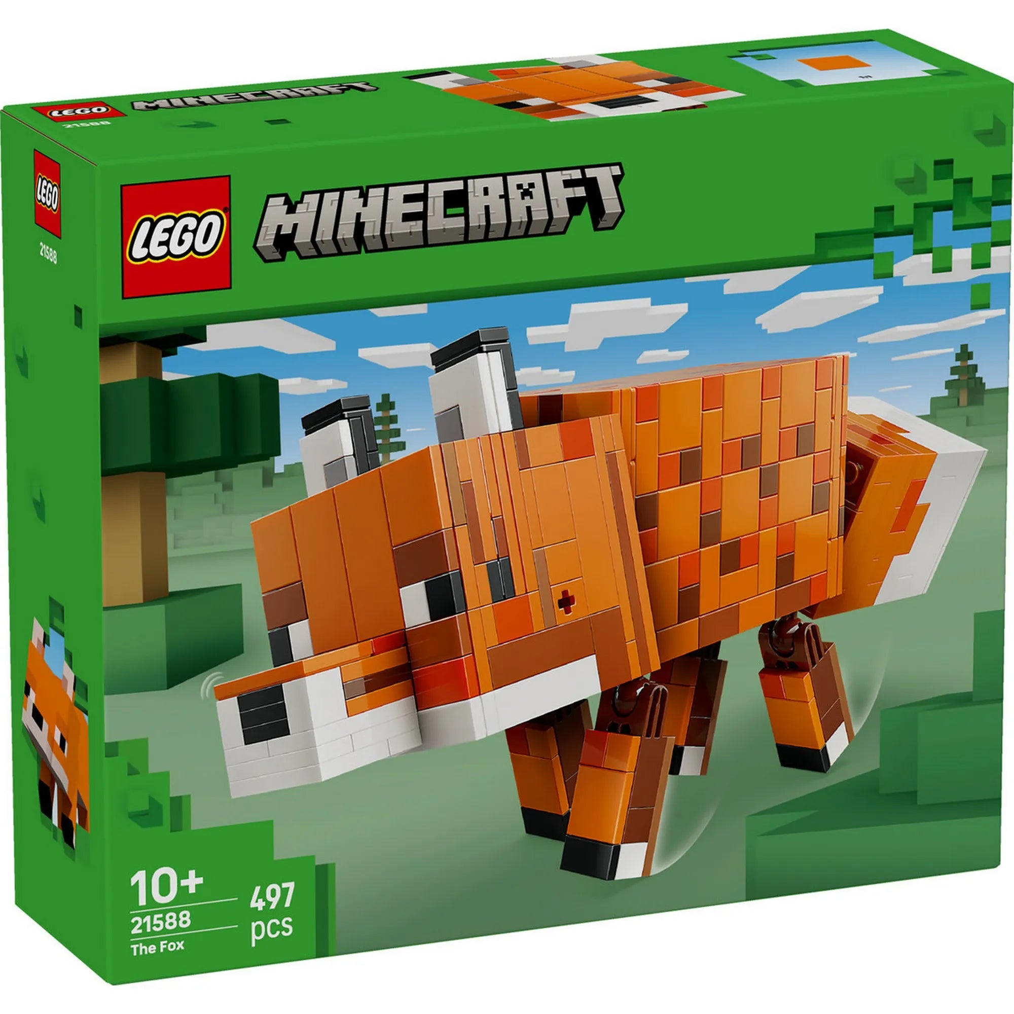 LEGO Minecraft: A róka 21588 dobozképe, megépíthető Minecraft róka figurával
