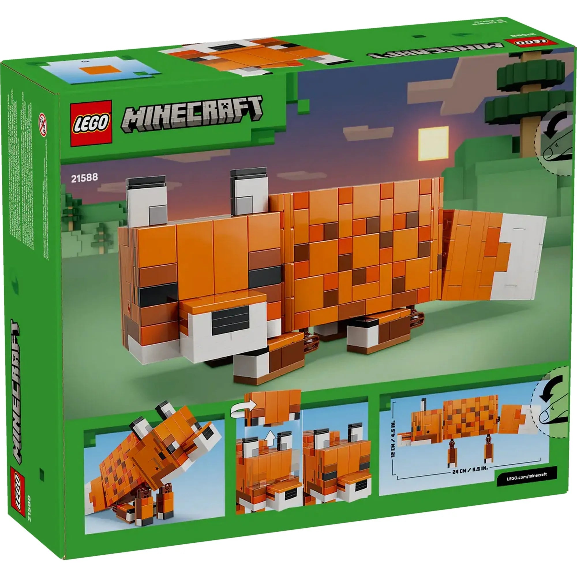LEGO Minecraft: A róka 21588 doboz hátoldala, funkciók és méretek bemutatásával